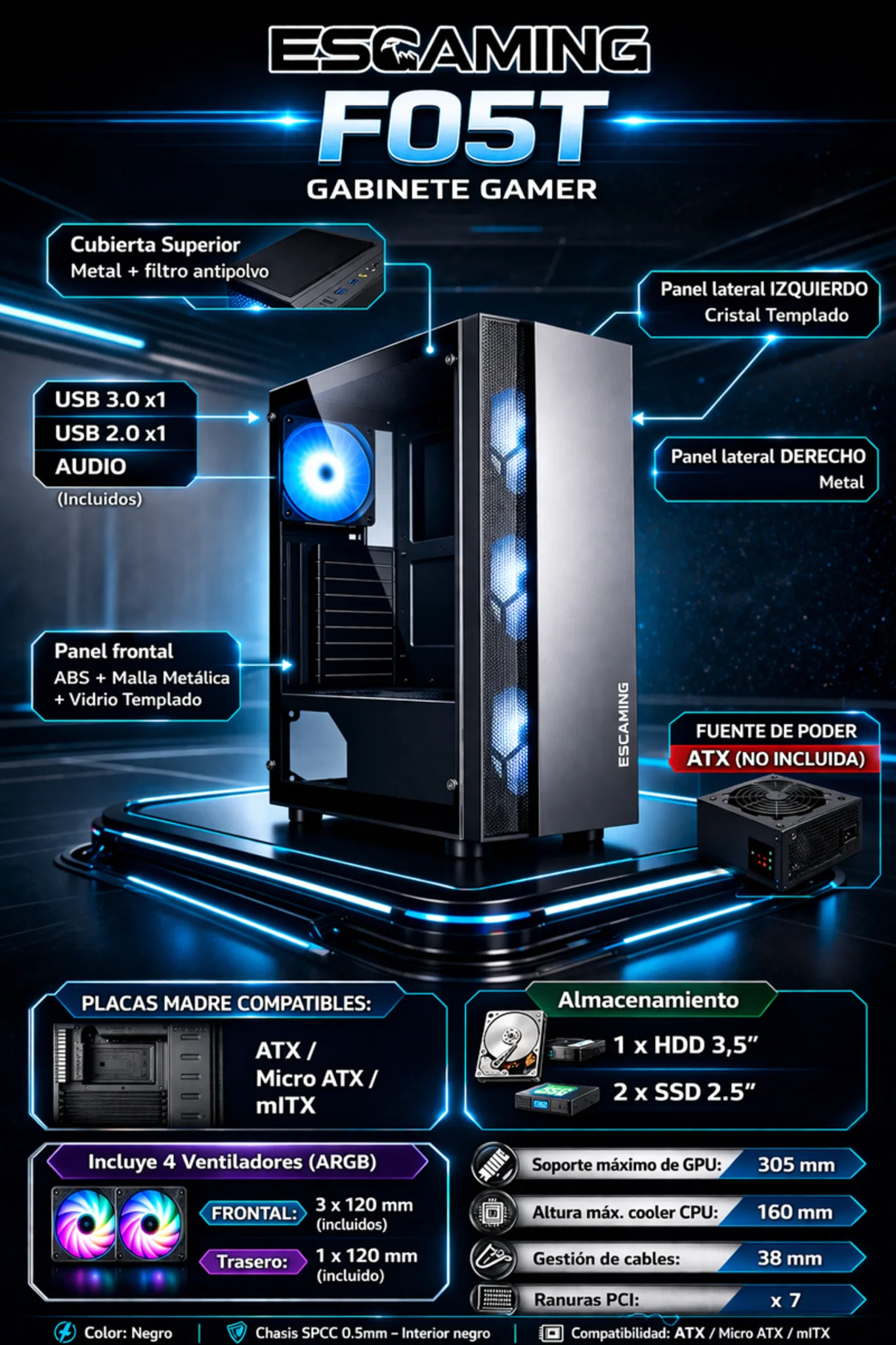 Imagen 1 de GABINETE GAMER F05T-BK 4 FAN ARGB/ 1 FAN REAR/ 3 FRONT/ ATX/ M-ATX/ IATC/ USB 3.0/USB 2.0/AUDIO SIN FUENTE / ESGAMING