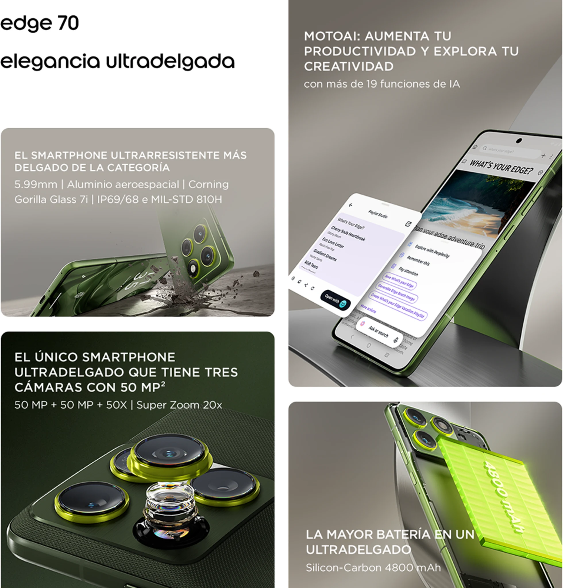 Imagen 4 de Smartphone Motorola Edge 70 8-Core 12GB/512GB 6,67' 5G WiFi Bt NFC USB-C Verde