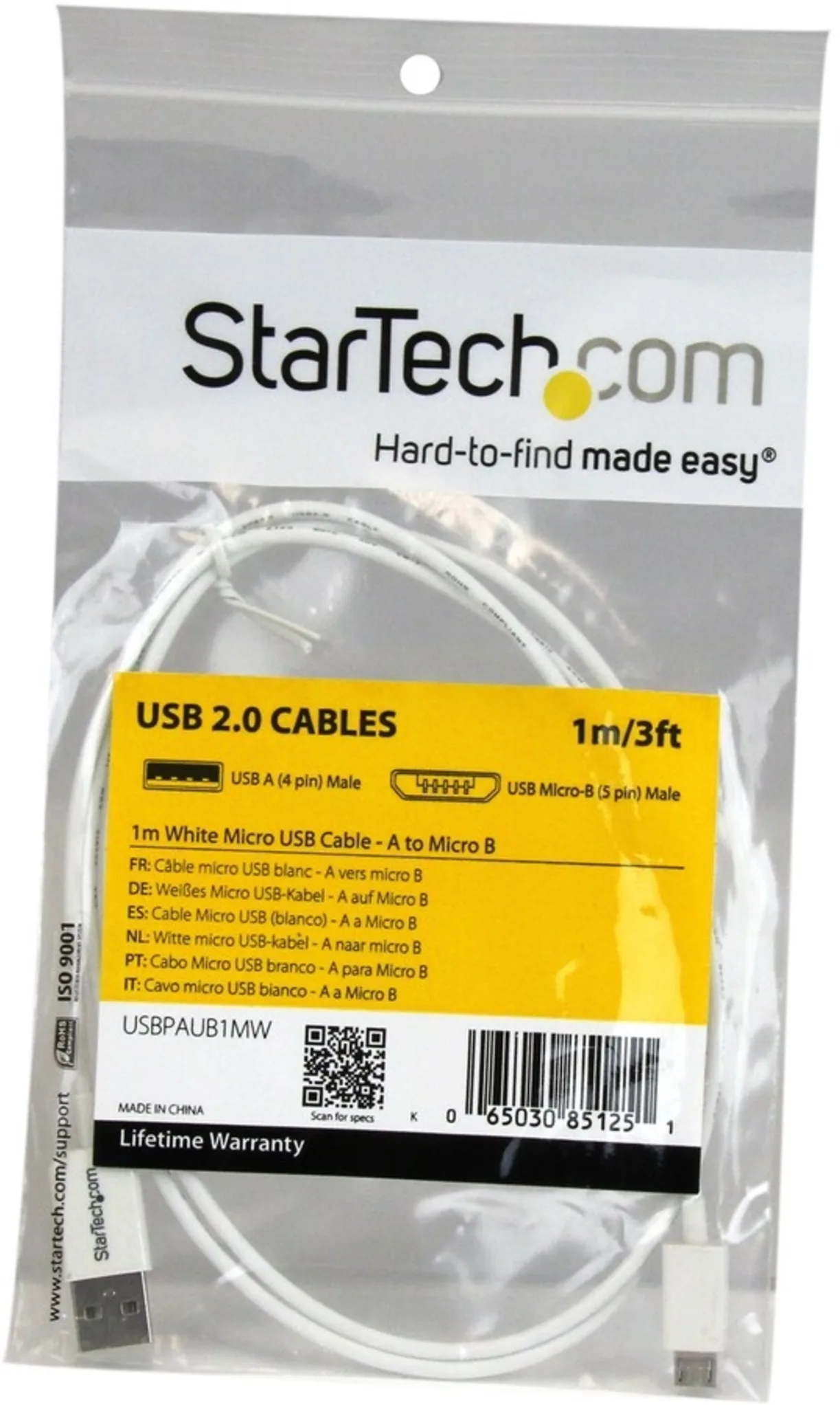 Imagen 1 de Cable USB Tipo-A (4 Pin) a USB micro B (5 pin) v2.0  Long 1mts Blanco - StarTech