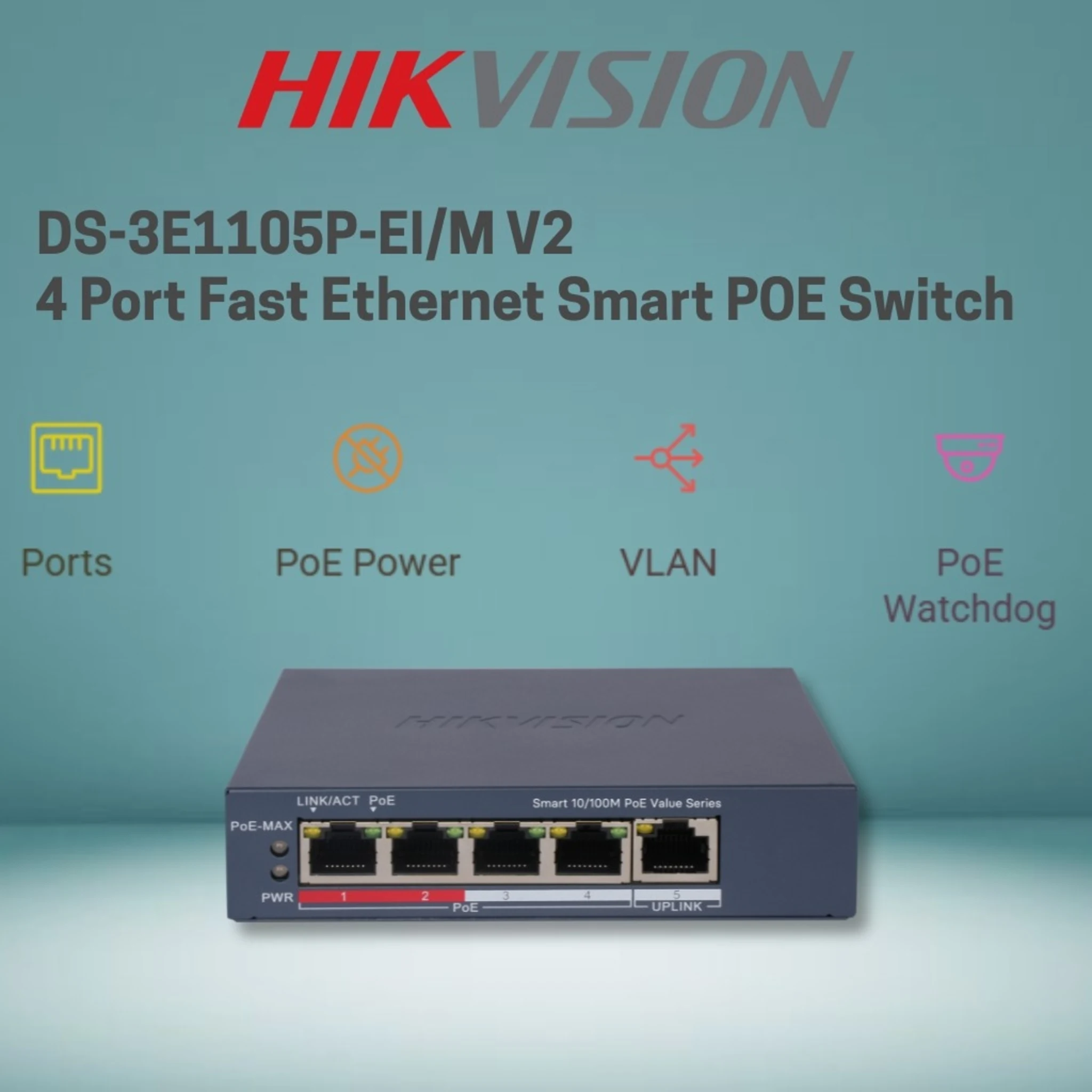 Imagen 3 de Switch 4 Puertos Hikvision No Amd. POE+ 10/100 Mbps 45W 300mt Smart