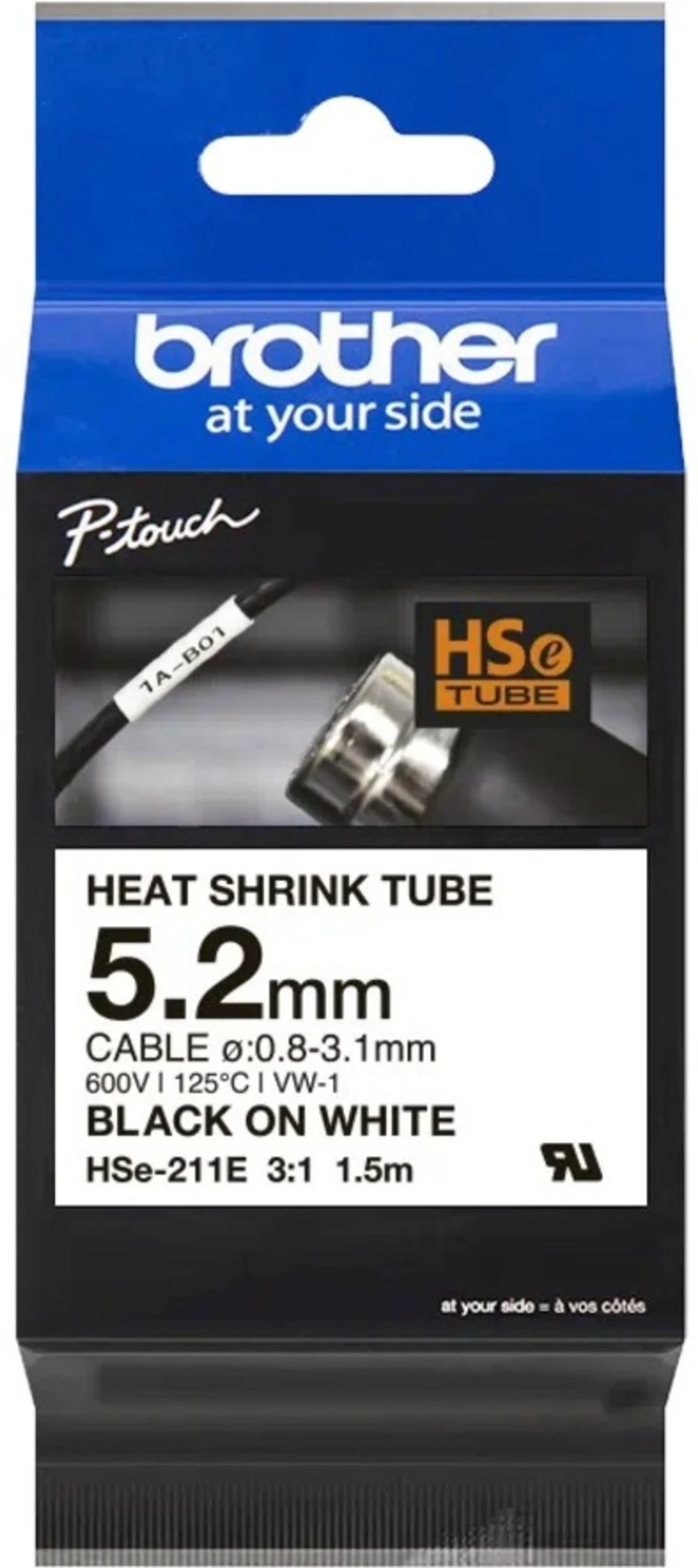 Imagen 0 de Cinta Tubo Brother HSE211E, Negro sobre Blanco 5.2mm 1.5mts Recom. 0.8mm a 3.1mm