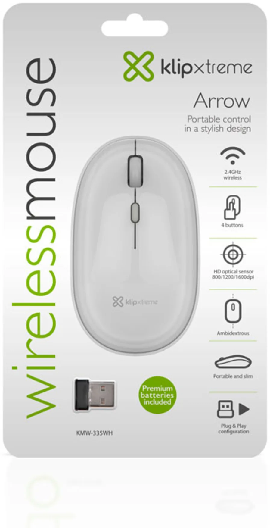 Imagen 4 de Mouse Inalámbrico KlipX KMW-335WH Óptico 1600DPI 2.4GHz 4 Botons Recp USB Blanco