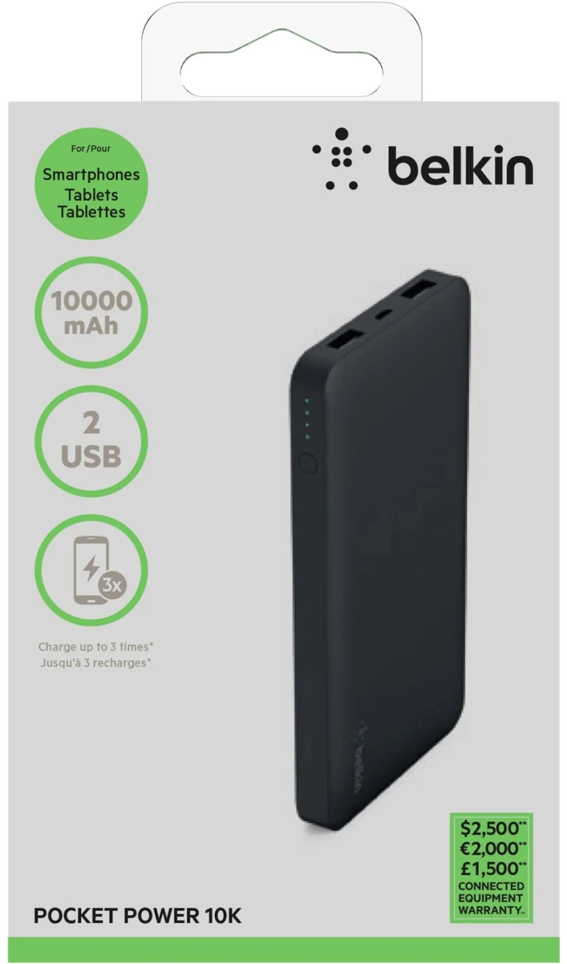 Imagen 13 de Belkin Pocket Power - Cargador portátil - 10000 mAh - 2.4 A - 2 conectores de salida (USB) - en el cable: Micro-USB - negro