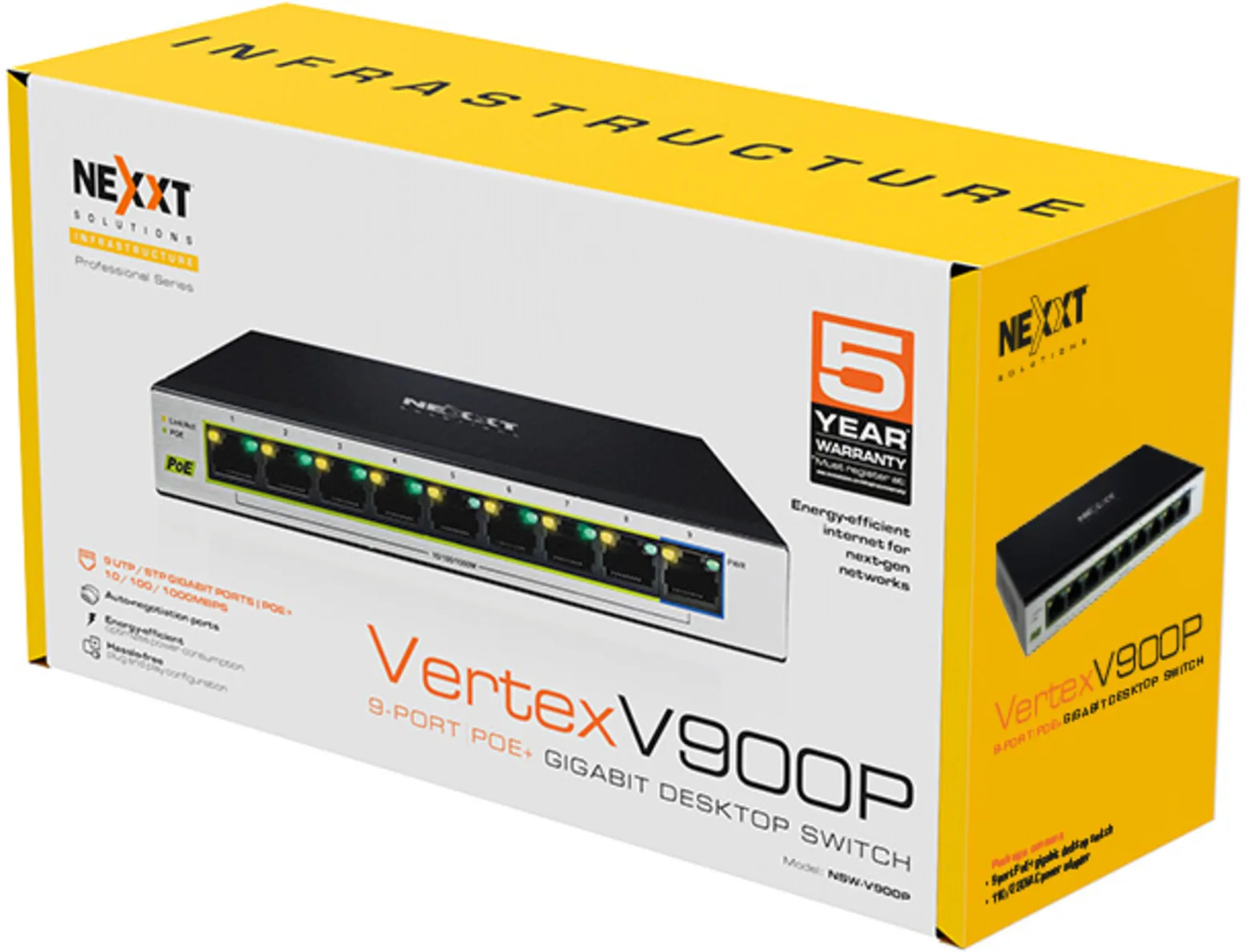Imagen 4 de Switch Gigabit Nexxt Vertex V900P 9 Puertos PoE+, Escritorio, 120W 10/100/1000Mb
