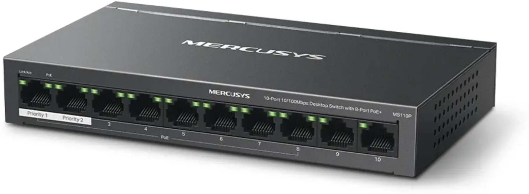 Imagen 1 de Mercusys MS110P V1 - Conmutador - 10 x 10/100 (8 PoE+) - sobremesa, montaje en pared - PoE+ (65 W)