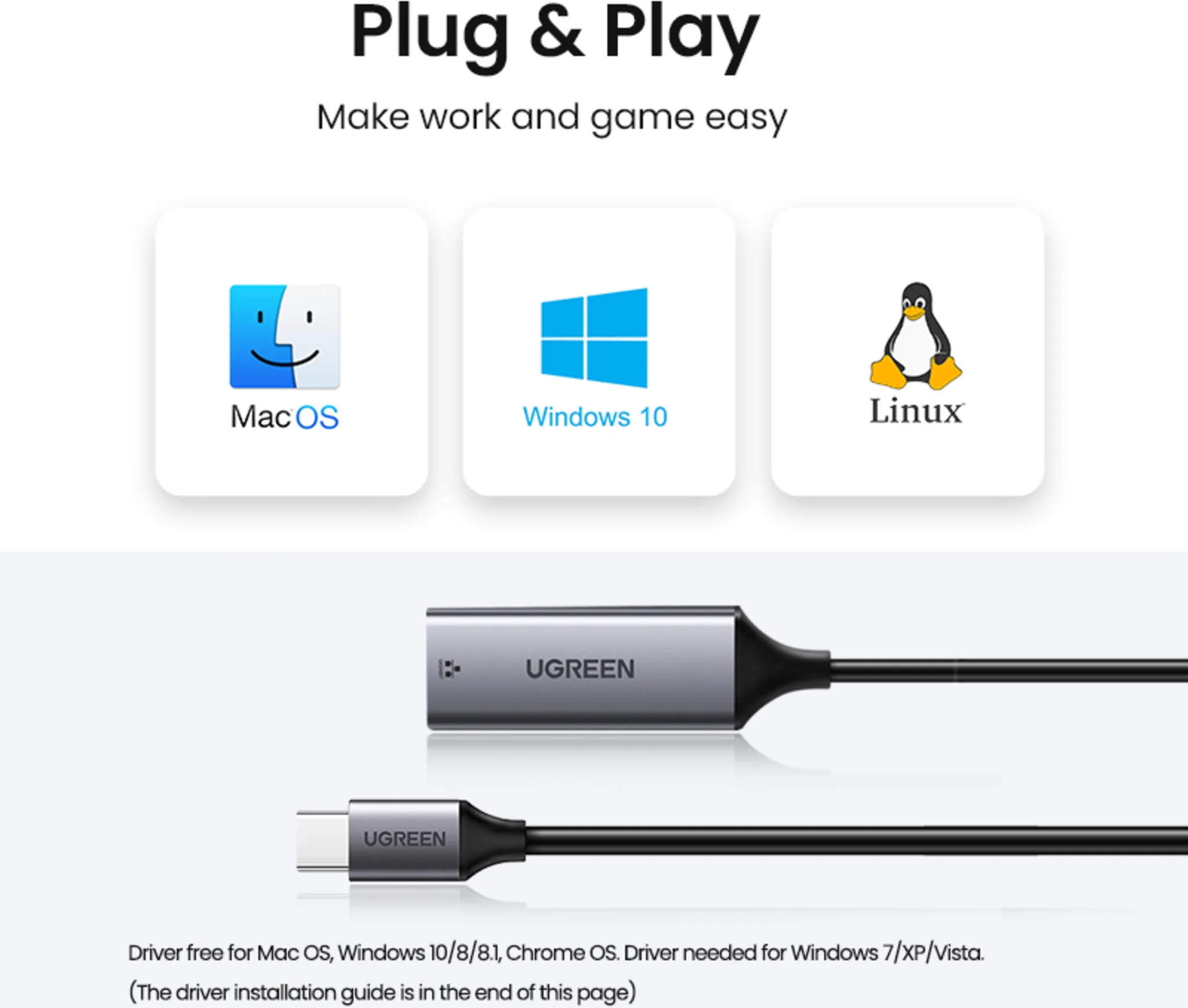 Imagen 3 de Adaptador Ugreen USB-C 3.1 RJ-45 Gigabit 10/100/1000 Material Aluminio CM199