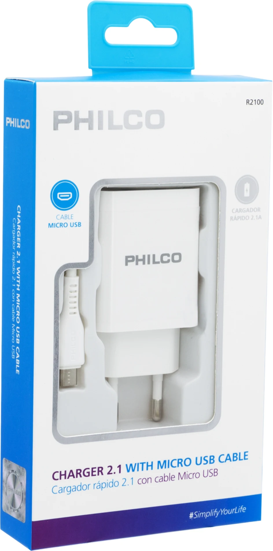 Imagen 2 de CARG. DE PARED 2.1 A DOBLE USB C/CABLE MICRO R2100 BLANCO