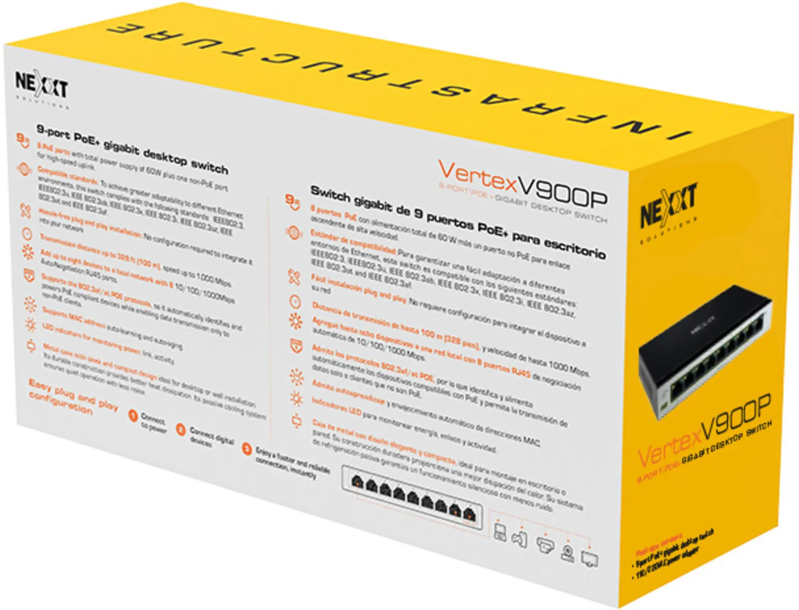 Imagen 5 de Switch Gigabit Nexxt Vertex V900P 9 Puertos PoE+, Escritorio, 120W 10/100/1000Mb