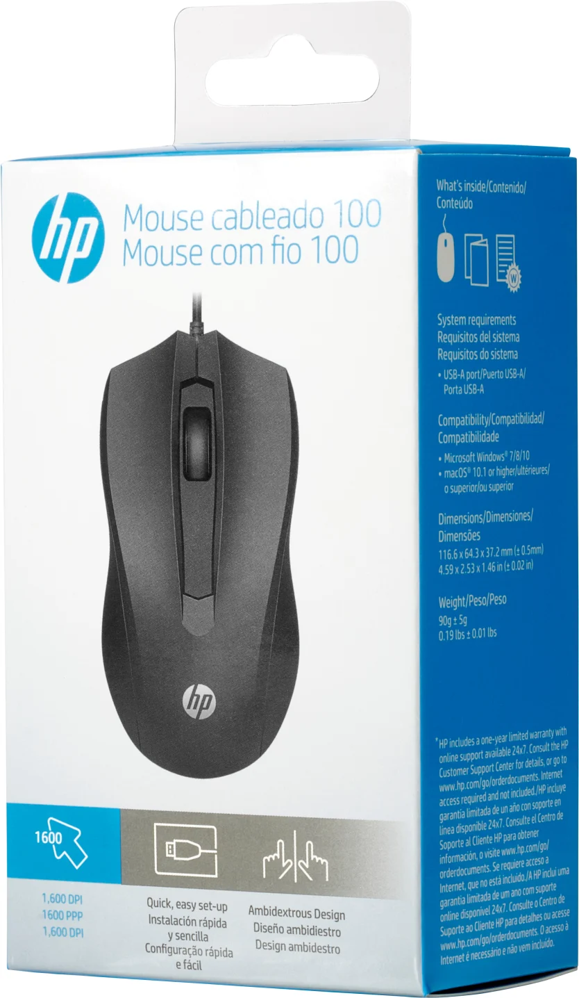 Imagen 2 de Mouse Alámbrico HP Wired 100, óptico 1600dpi 3 botones Ambidiestro USB Negro