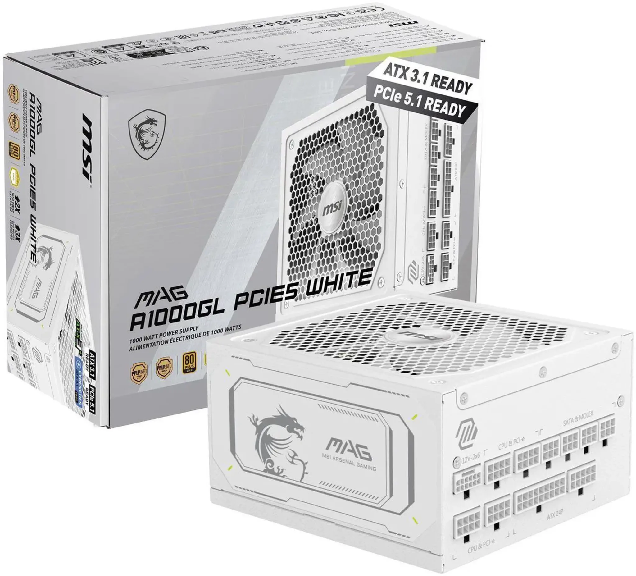 Imagen 2 de Fuente de Poder MSI MAG A1000GLS PCIE5 1000W Full Mod 80 Plus Gold ATX Blanco
