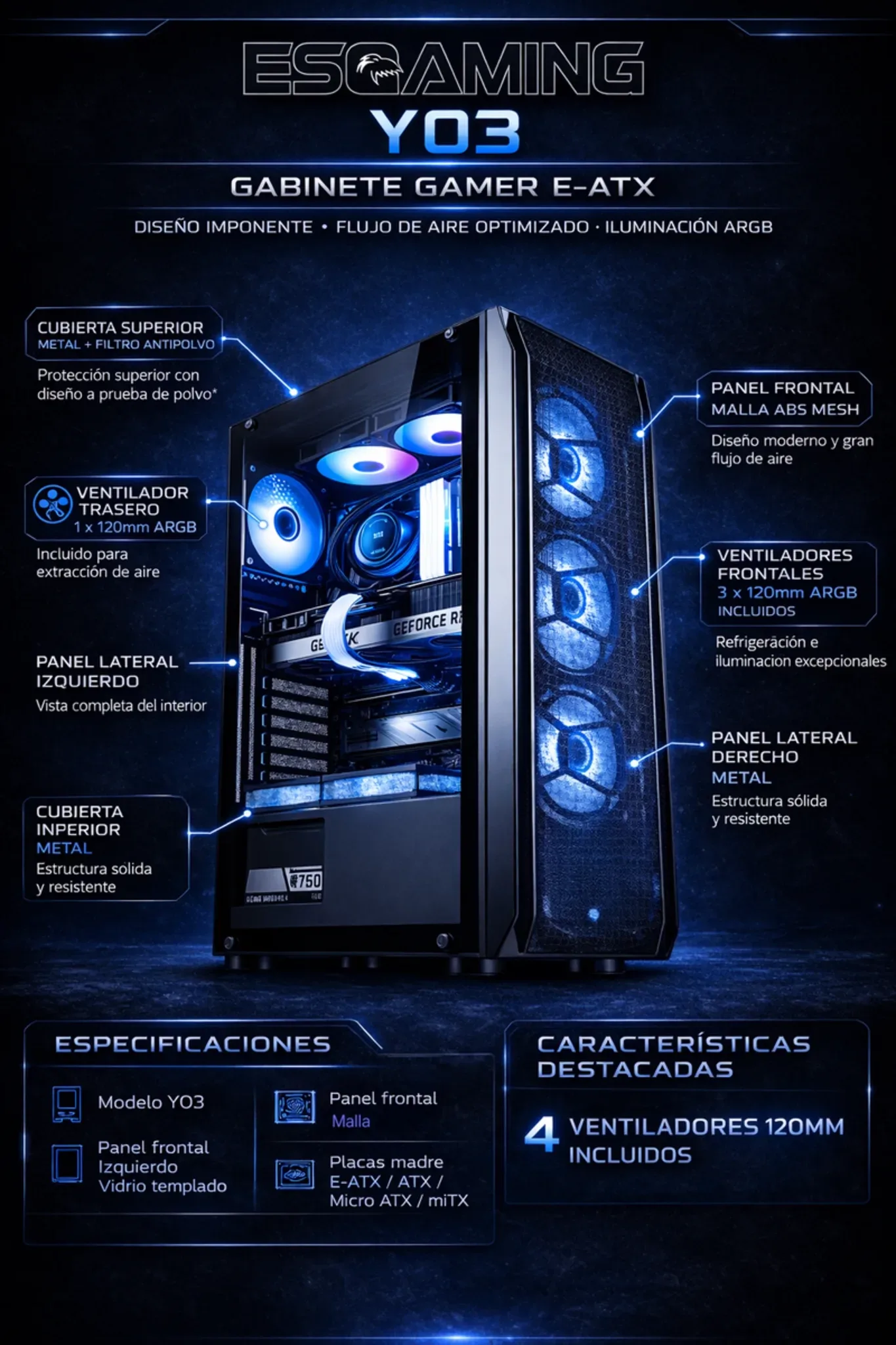 Imagen 3 de Gabinete Gamer EsGaming Y03, MediaTorre 2*USB2.0 USB3.0 4*FAN ARGB V.Temp. Negro