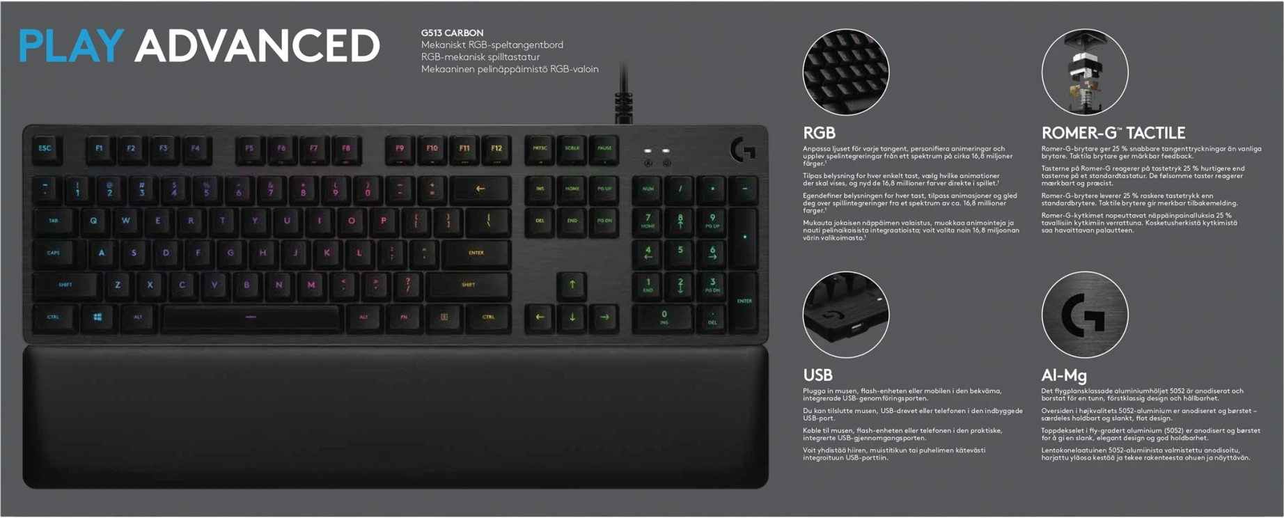 Imagen 11 de Teclado Gamer Alámbrico Logitech G513 RGB GX Brown Carbon Mecánico Español 