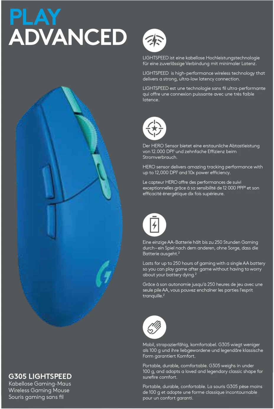 Imagen 9 de Mouse Inalámbrico Gamer Logitech G305 lighspeed sensor HERO USB azul