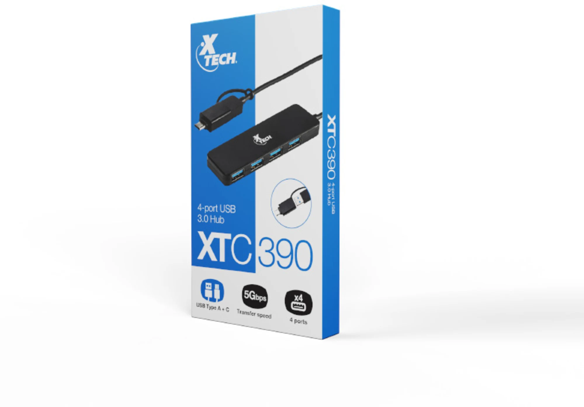 Imagen 4 de HUB USB XTech XTC-390 c/adpatador USB Tipo-C y USB-A, 4 Puertos USB 3.0
