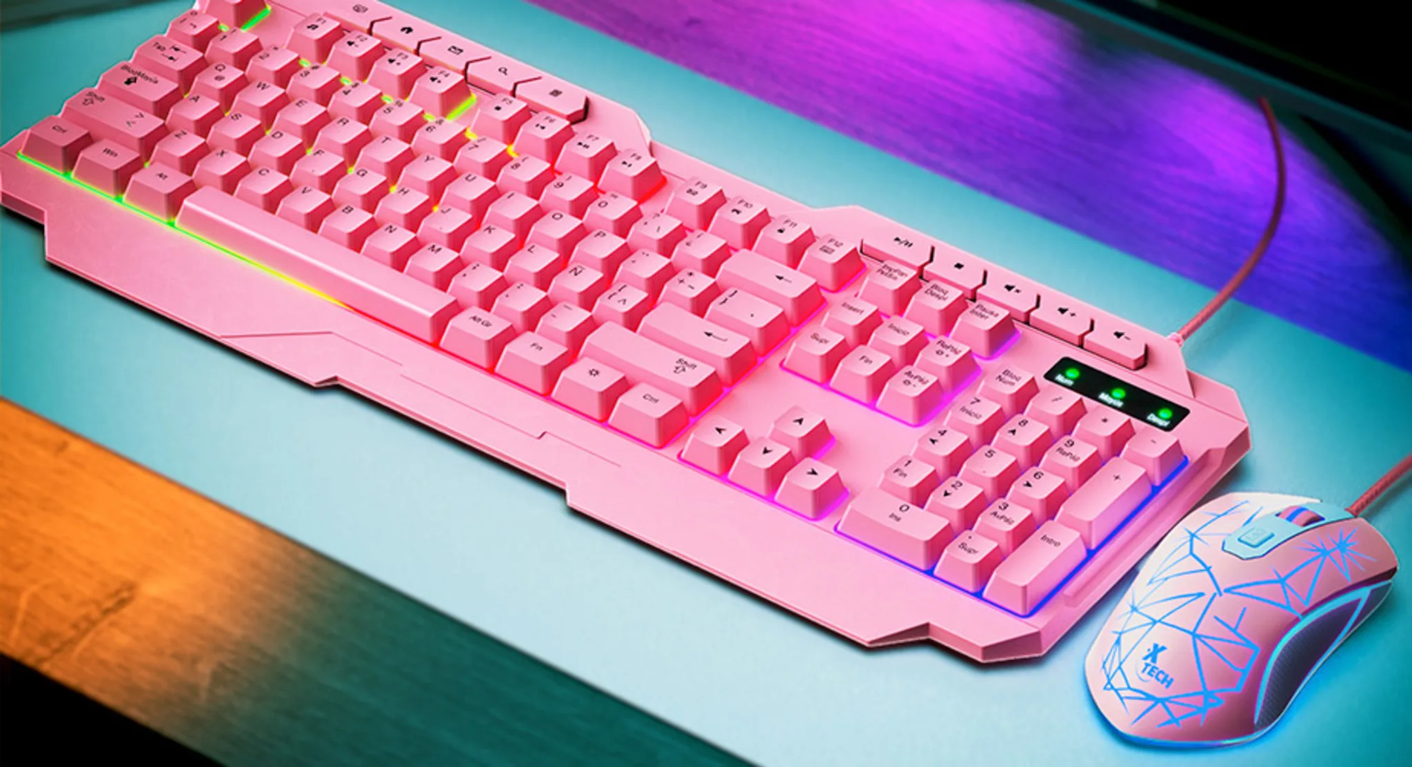 Imagen 3 de Kit Teclado Mouse Gamer Alámbrico XTech XTK-540S, USB Español Color ROSADO