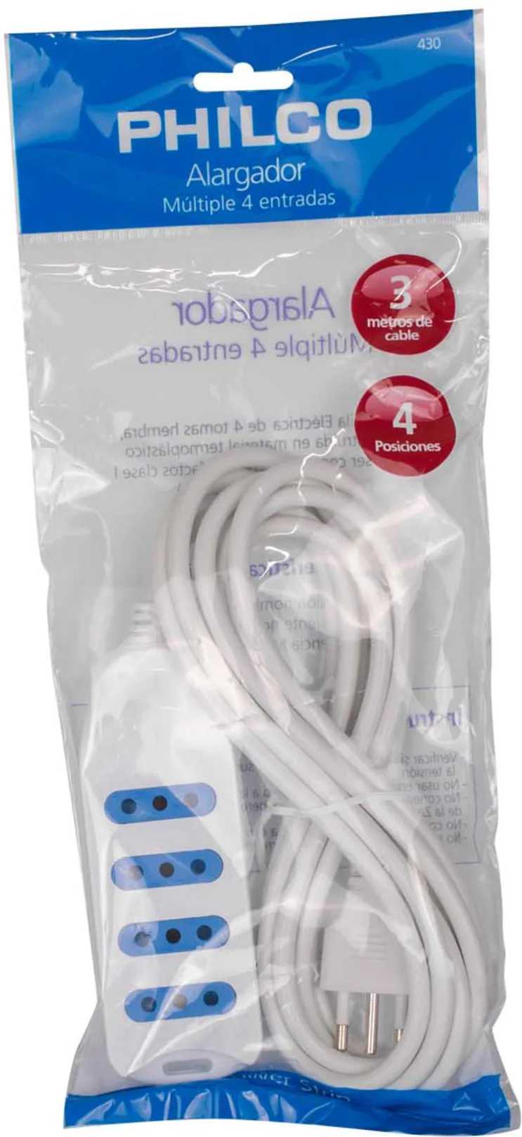 Imagen 2 de Alargador Eléctrico 4 Tomas sin Switch 5 Metros Color Blanco - Philco