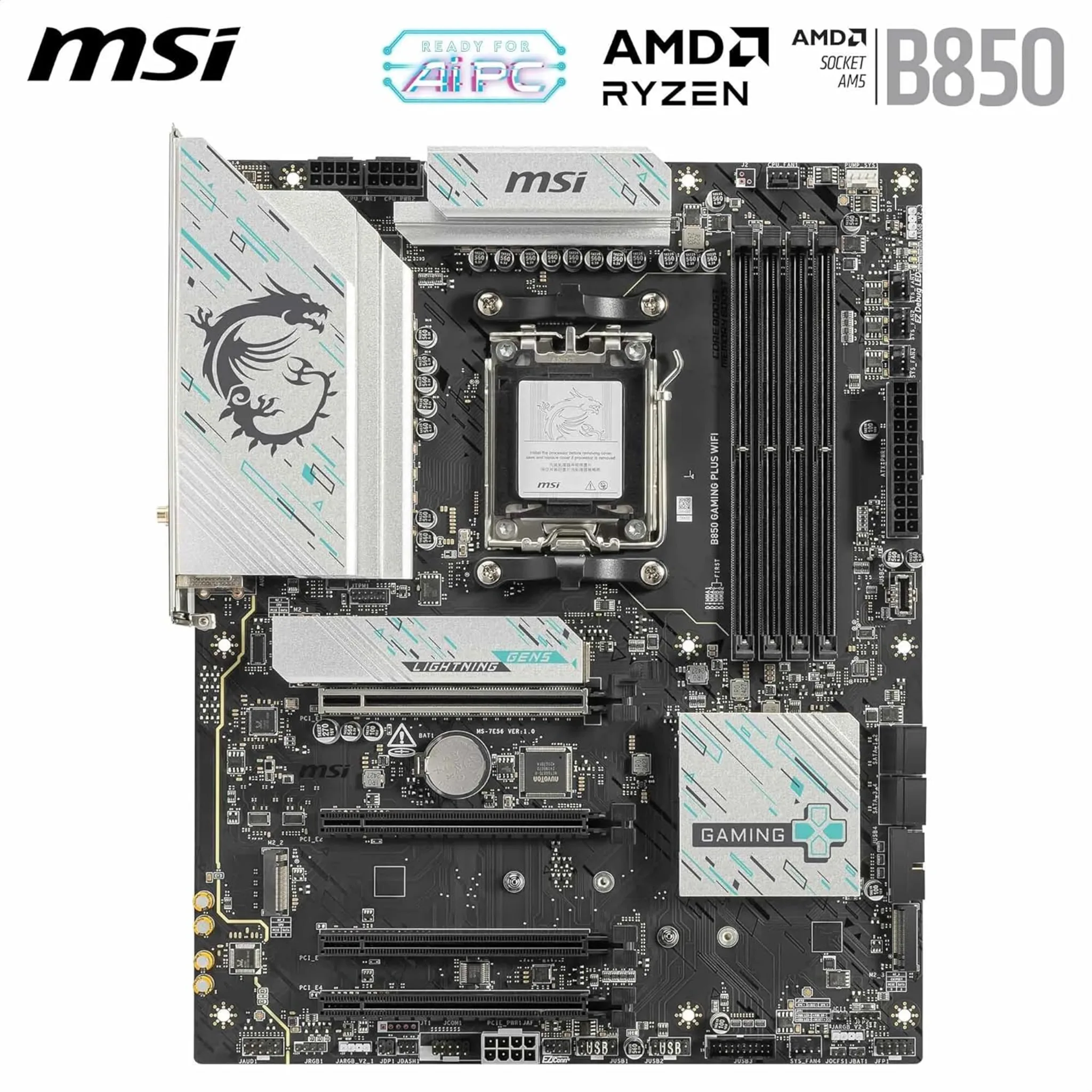 Imagen 1 de Tarjeta Madre MSI B850 GAMING PLUS WIFI Socket AM5 4*DRR5 DP 4*PCIe3*M2 WIFI 7