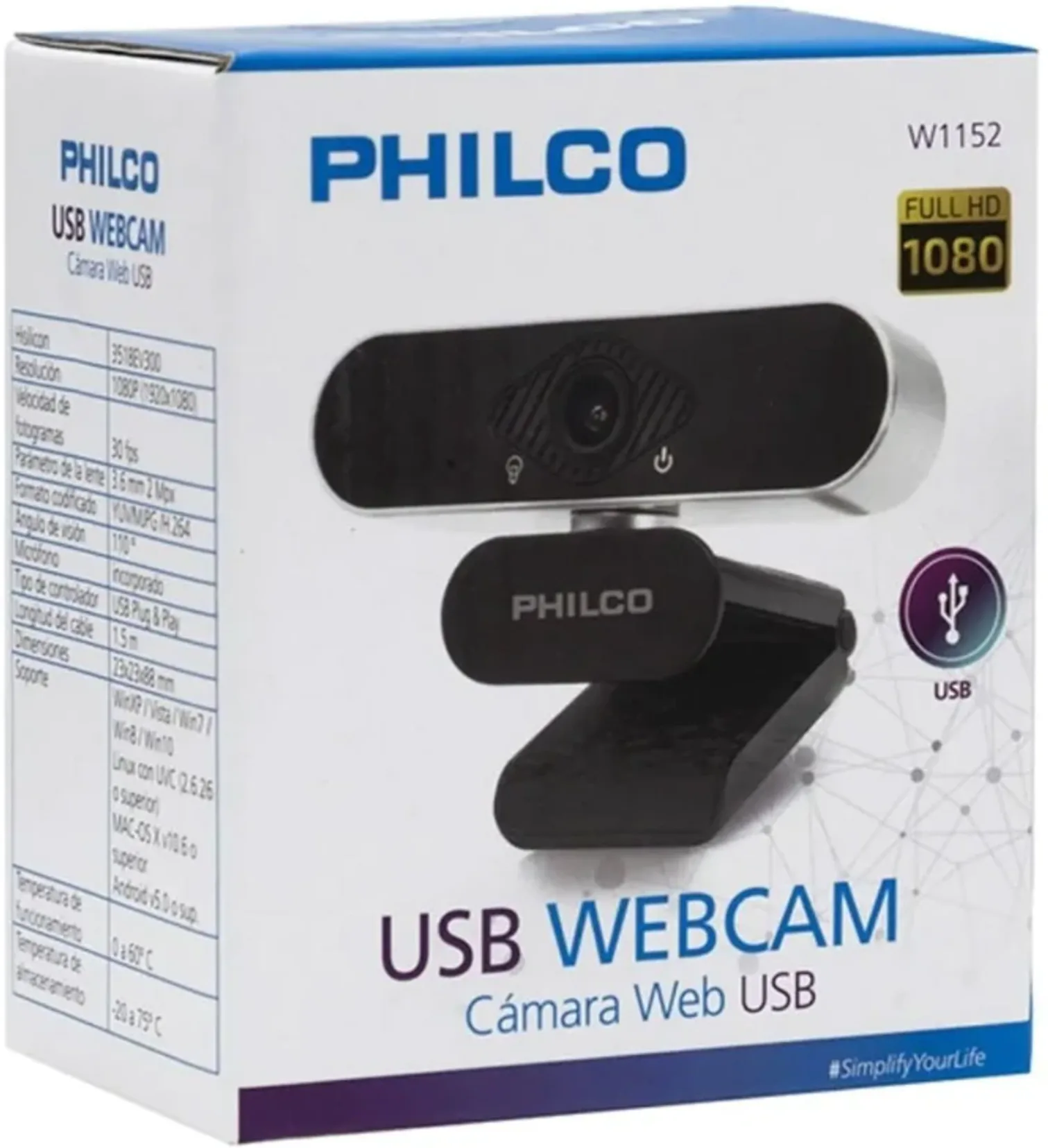 Imagen 0 de Open Box - Cámara Web Philco W1152 1080p 30fps Cableado USB 1.5m para Mac Linux Android Win (Caja Abierta)