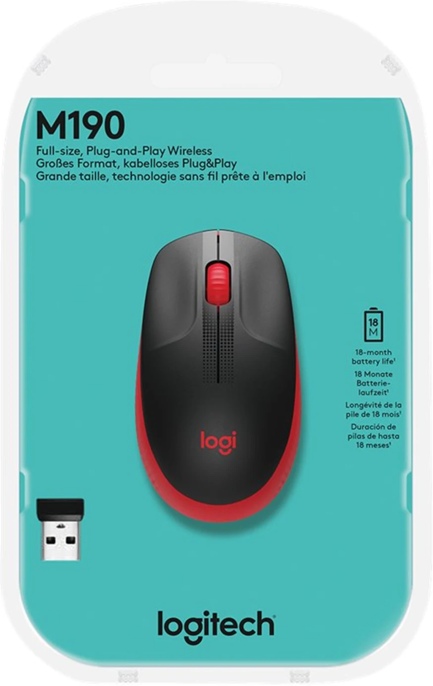 Imagen 1 de Mouse Inalámbrico Logitech M190 Óptico 1000dpi Ambidiestro 3 botones USB rojo