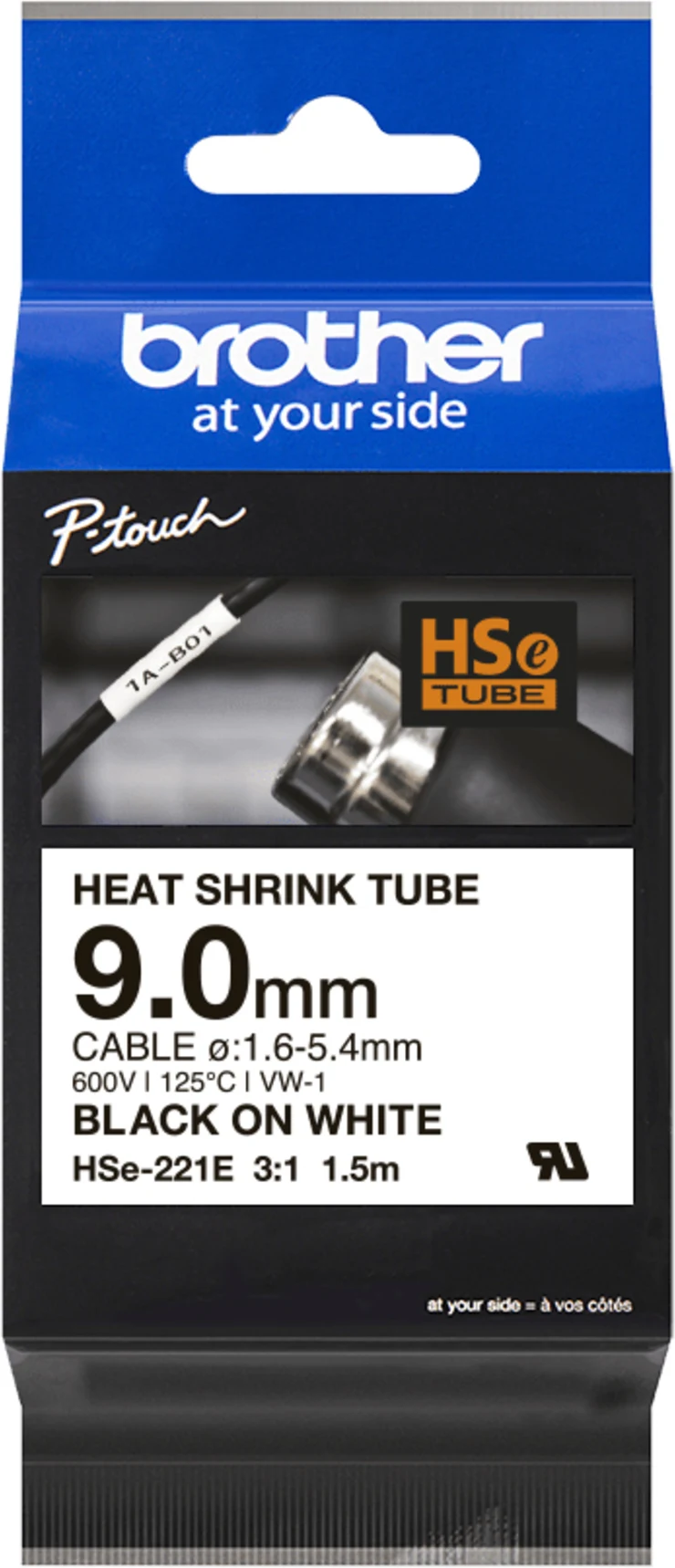 Imagen 0 de Cinta Rotuladora Brother HSE221E Termorretráctil 9.0mm Texto Negro sobre Blanco