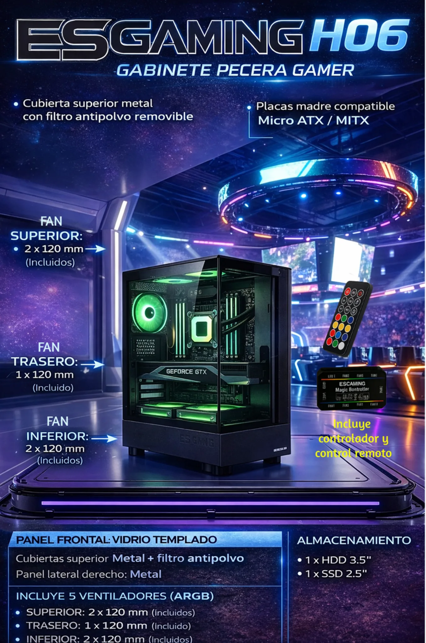 Imagen 1 de Gabinete Gamer ESGAMING H60, 5 Ventiladores ARGB, m-ATX, Negro