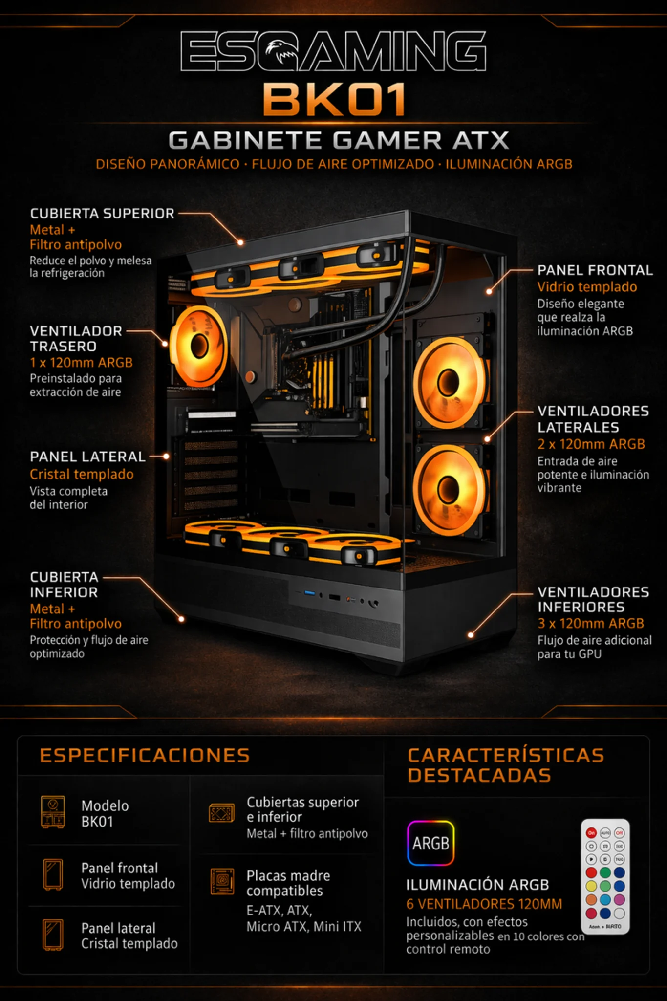 Imagen 1 de GABINETE GAMER BK01 BLACK ARGB (6 FAN) 2 FAN MB/ 3 FAN ABAJO, 1 FAN TRASERO S/ FUENTE