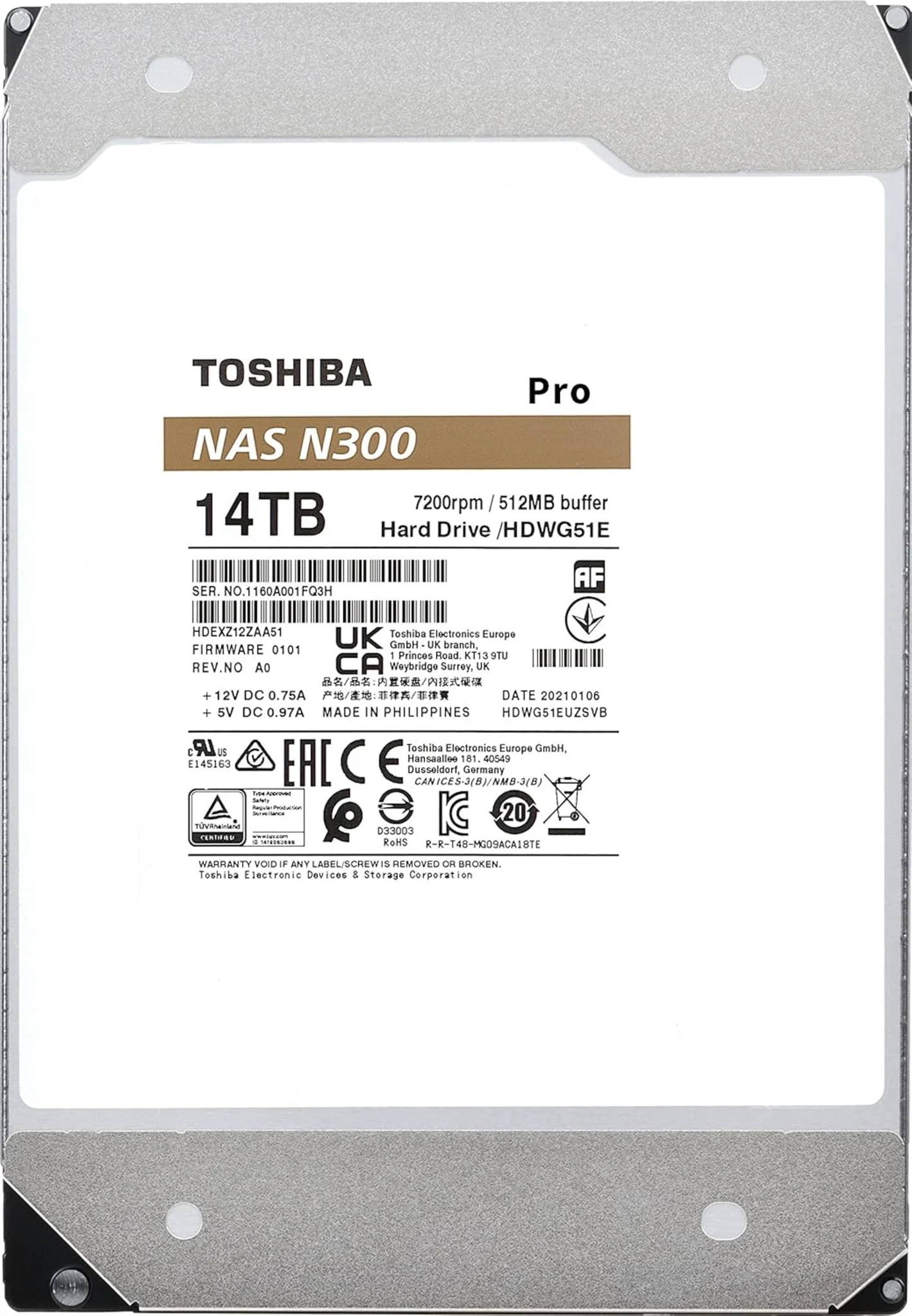 Imagen 5 de Disco Duro Toshiba N300 Pro 14TB 3.5" 7200RPM SATAIII 6Gb/s 512MB