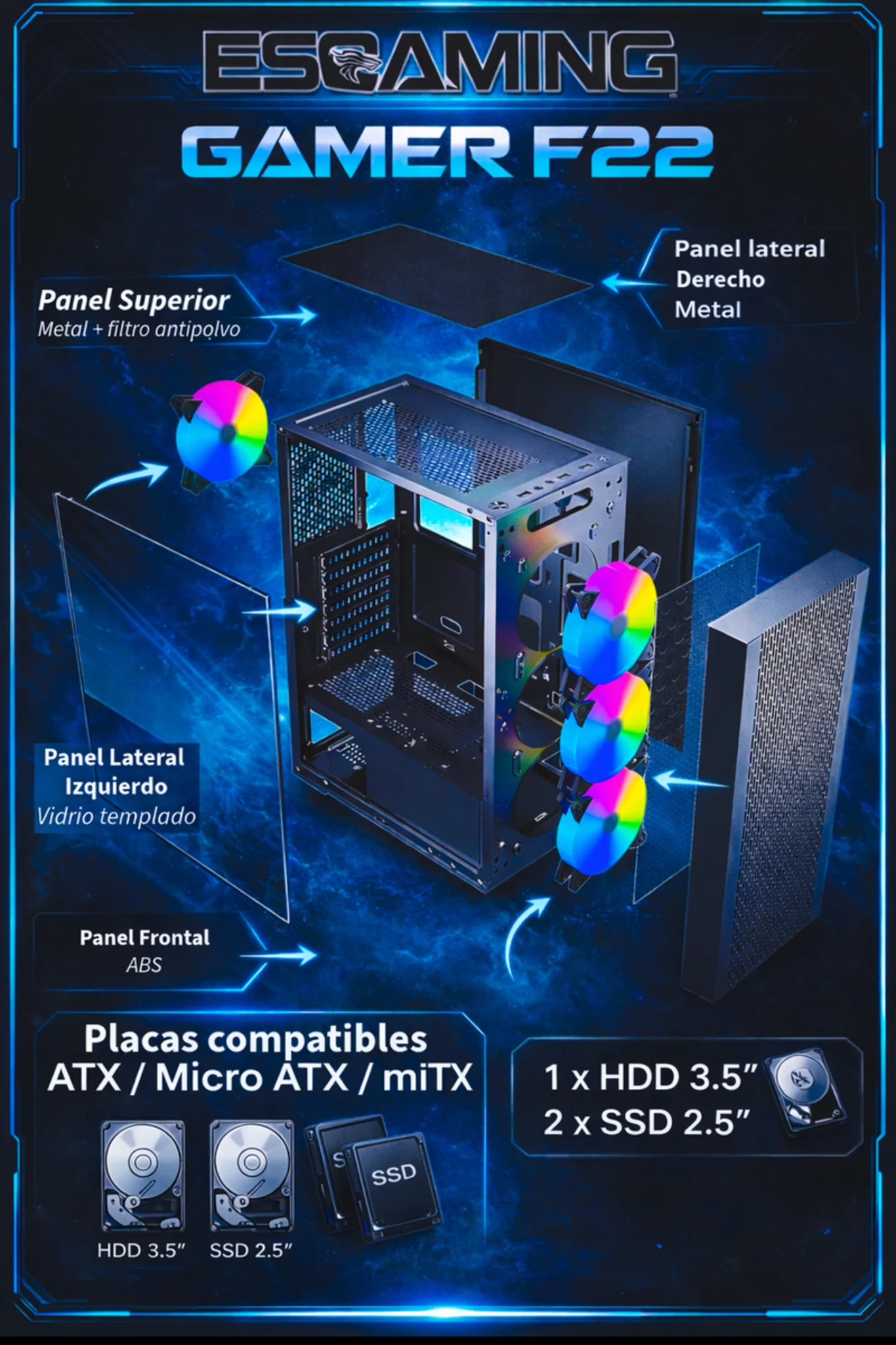 Imagen 1 de Gabinete Gamer EsGaming F22-BK Incluye 4 Ventiladores 120mm ARGB sin Fte ATX