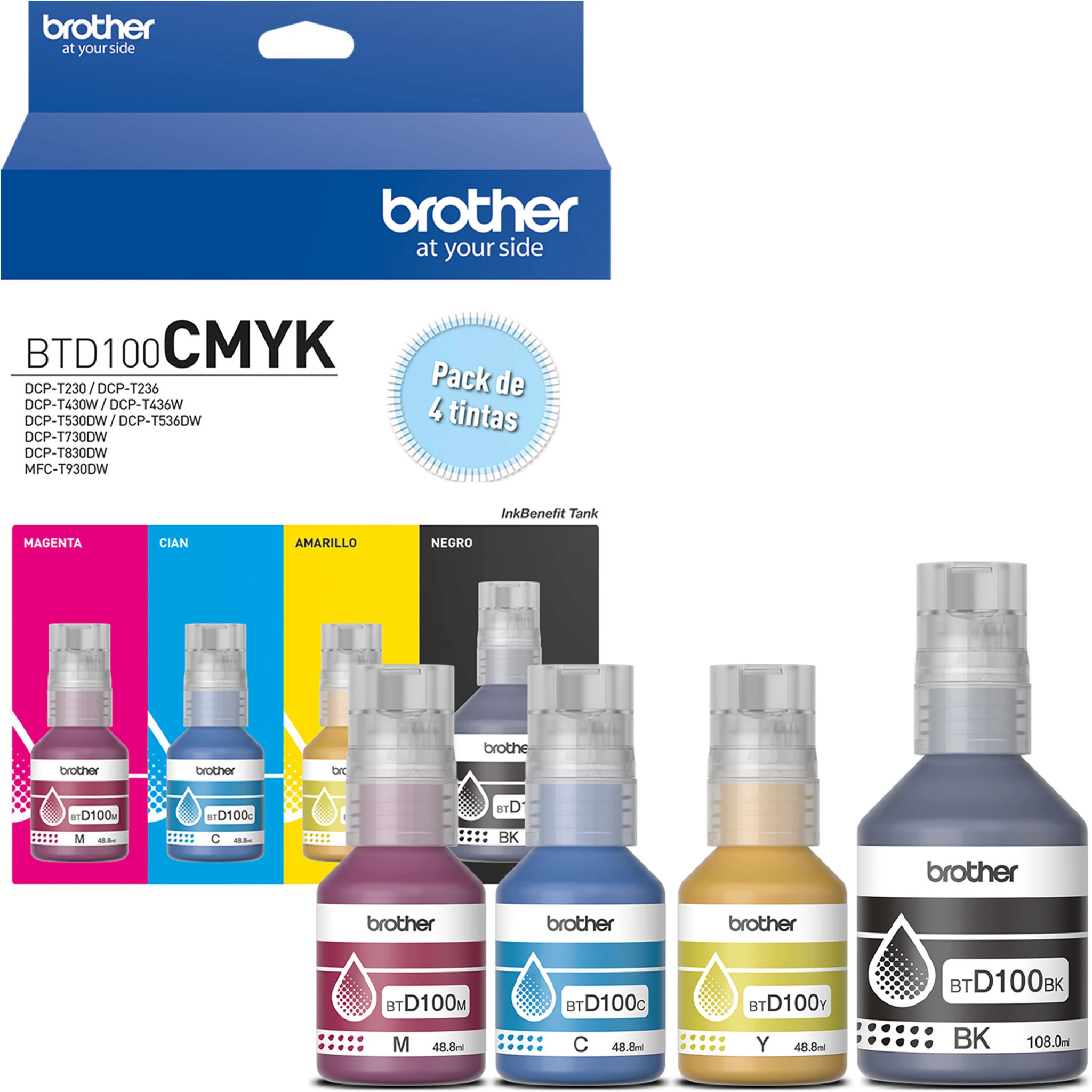 Imagen 0 de Pack 4x Botellas de Tintas Brother BTD100 C/M/Y/BK 5000 Páginas