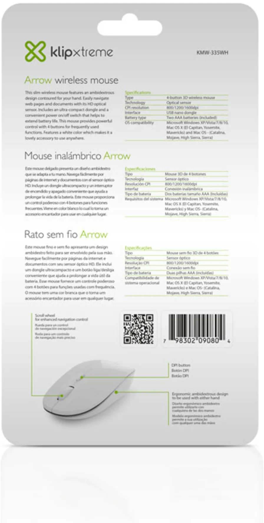 Imagen 5 de Mouse Inalámbrico KlipX KMW-335WH Óptico 1600DPI 2.4GHz 4 Botons Recp USB Blanco