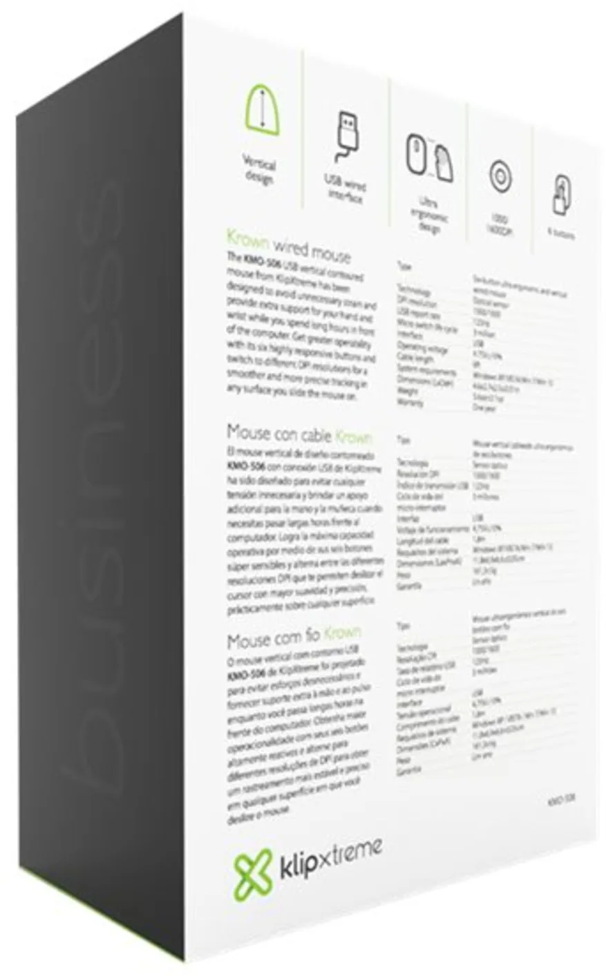 Imagen 12 de Mouse Ergonómico Alámbrico KlipX KMO-506 Óptico 1600dpi 6 Botones USB Negro