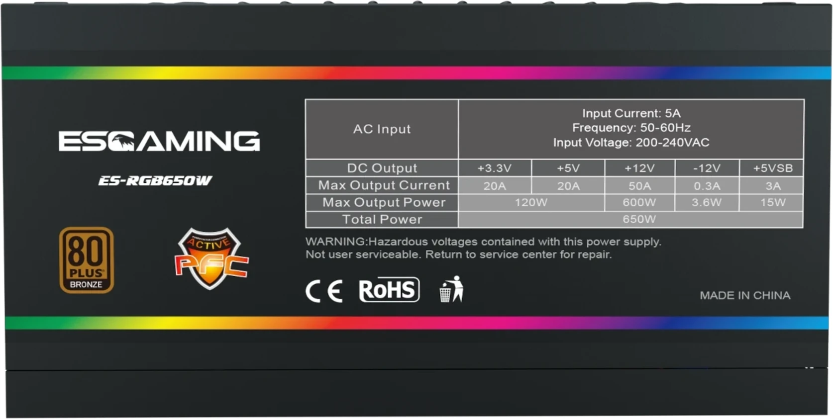 Imagen 7 de FUENTE PODER 650W/80 PLUS BRONZE CERTIFICADA ES-RGB650W ESGAMING