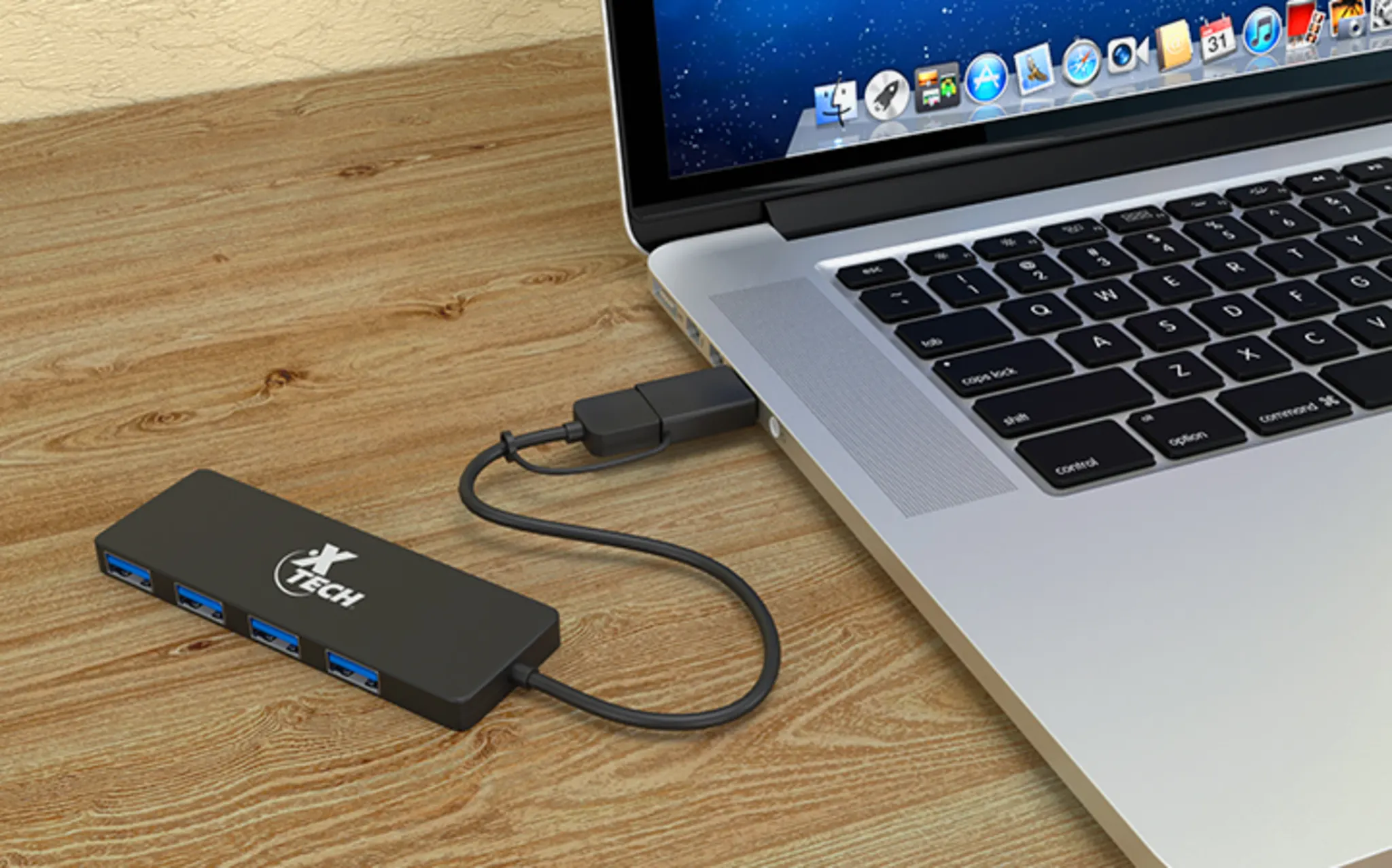 Imagen 1 de HUB USB XTech XTC-390 c/adpatador USB Tipo-C y USB-A, 4 Puertos USB 3.0