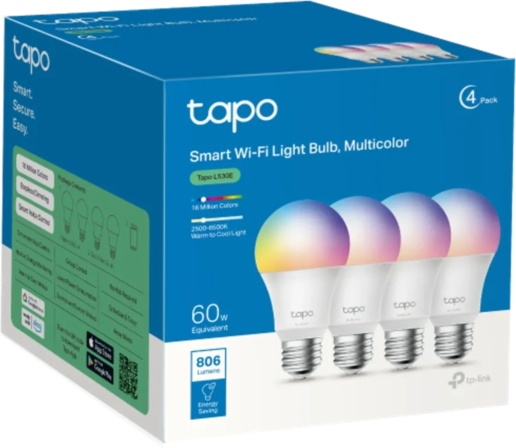 Imagen 1 de Pack 4 Ampolletas Smart TP-Link Tapo L530E, WIFI 2500K/6500K 806lm Smart Home