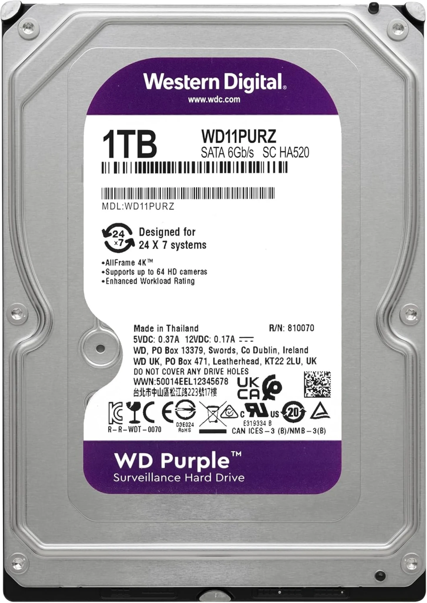 Imagen 1 de Disco Duro Western Digital Purple 1TB 3.5" 5400RPM 64mb IntelliPower p/Video Vig