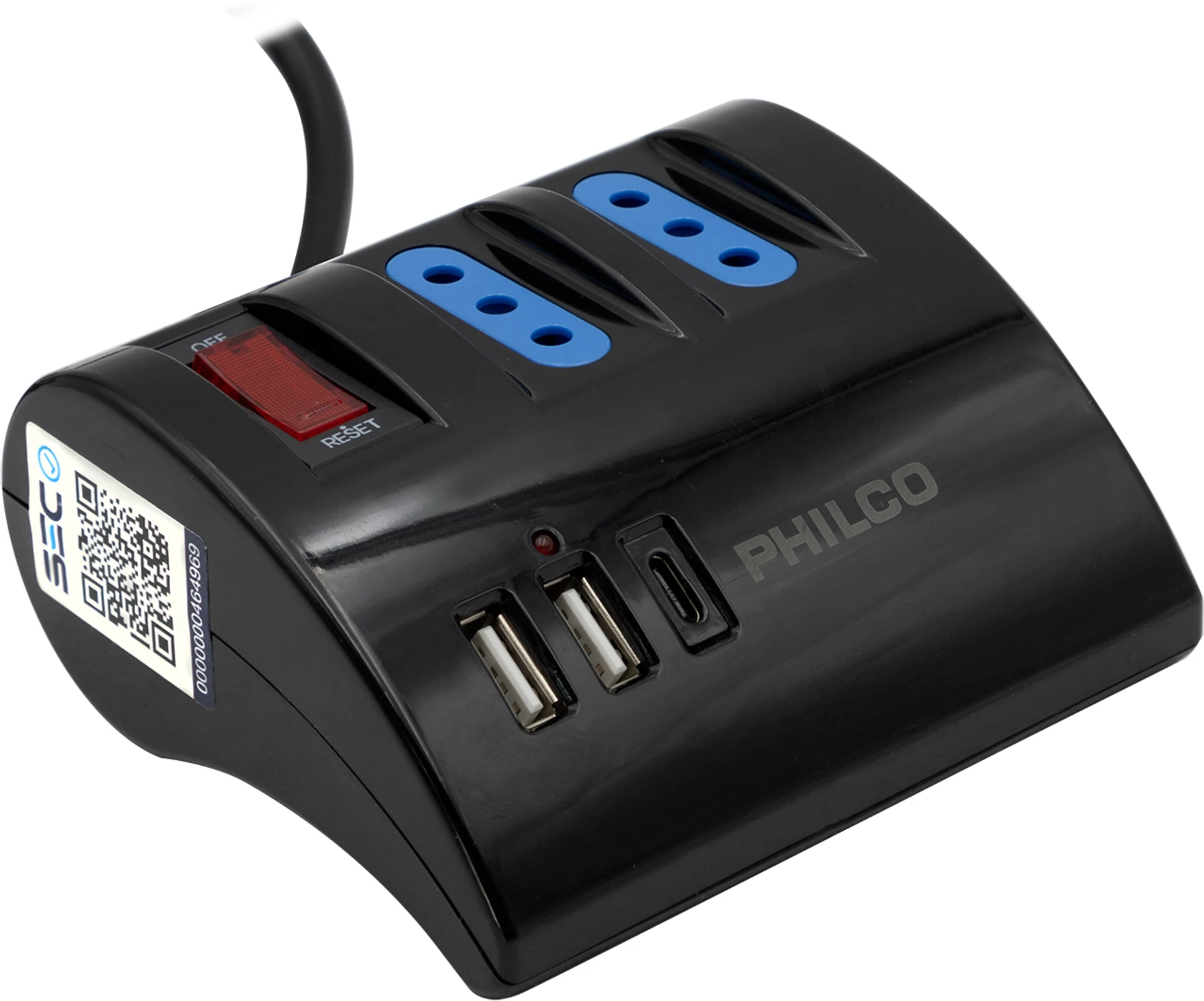 Imagen 2 de Alargador Eléctrico 3 Tomas + 2*USB 1*USB-C 1.5mts Color Negro - Philco 2044N