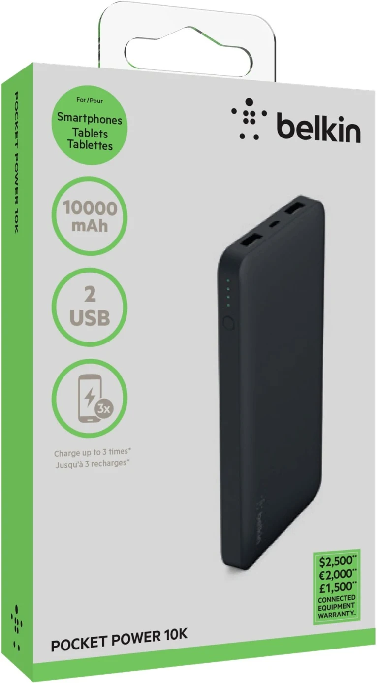 Imagen 11 de Belkin Pocket Power - Cargador portátil - 10000 mAh - 2.4 A - 2 conectores de salida (USB) - en el cable: Micro-USB - negro