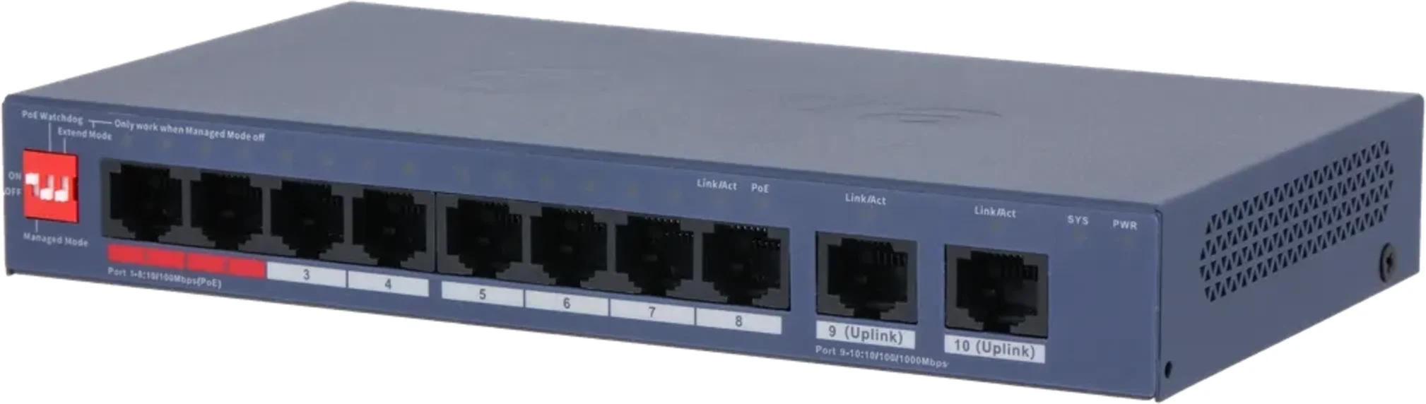 Imagen 1 de DH-CS4010-8ET2GT-110. Switch Cloud Dahua 8 Puertos Poe 110W 100Mbps 2x1Gbps Uplink Desktop