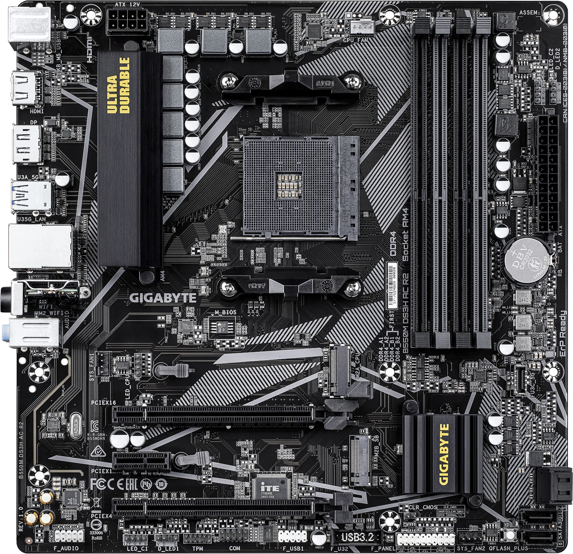 Imagen 1 de Tarjeta Madre Gigabyte B550M DS3H AC R2 Socket AM4 4*DIMM GbE LAN WIFI mATX