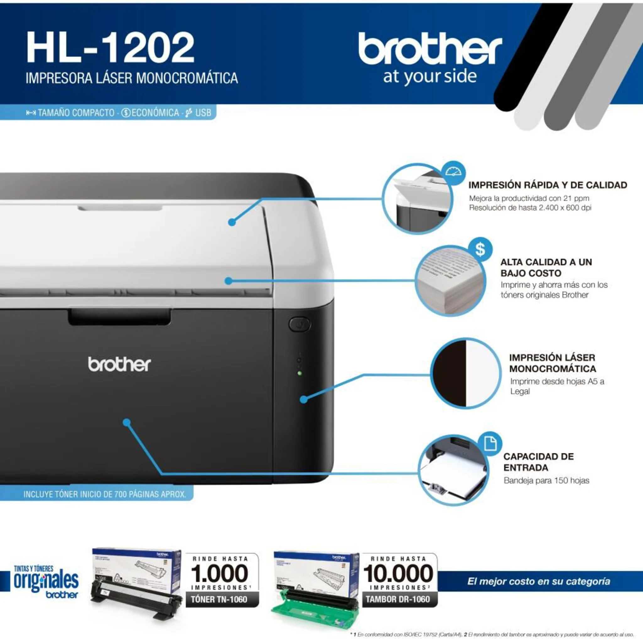 Imagen 3 de Impresora Brother HL-1202 Laser Monocromática 2400*600dpi 21ppm USB 2.0