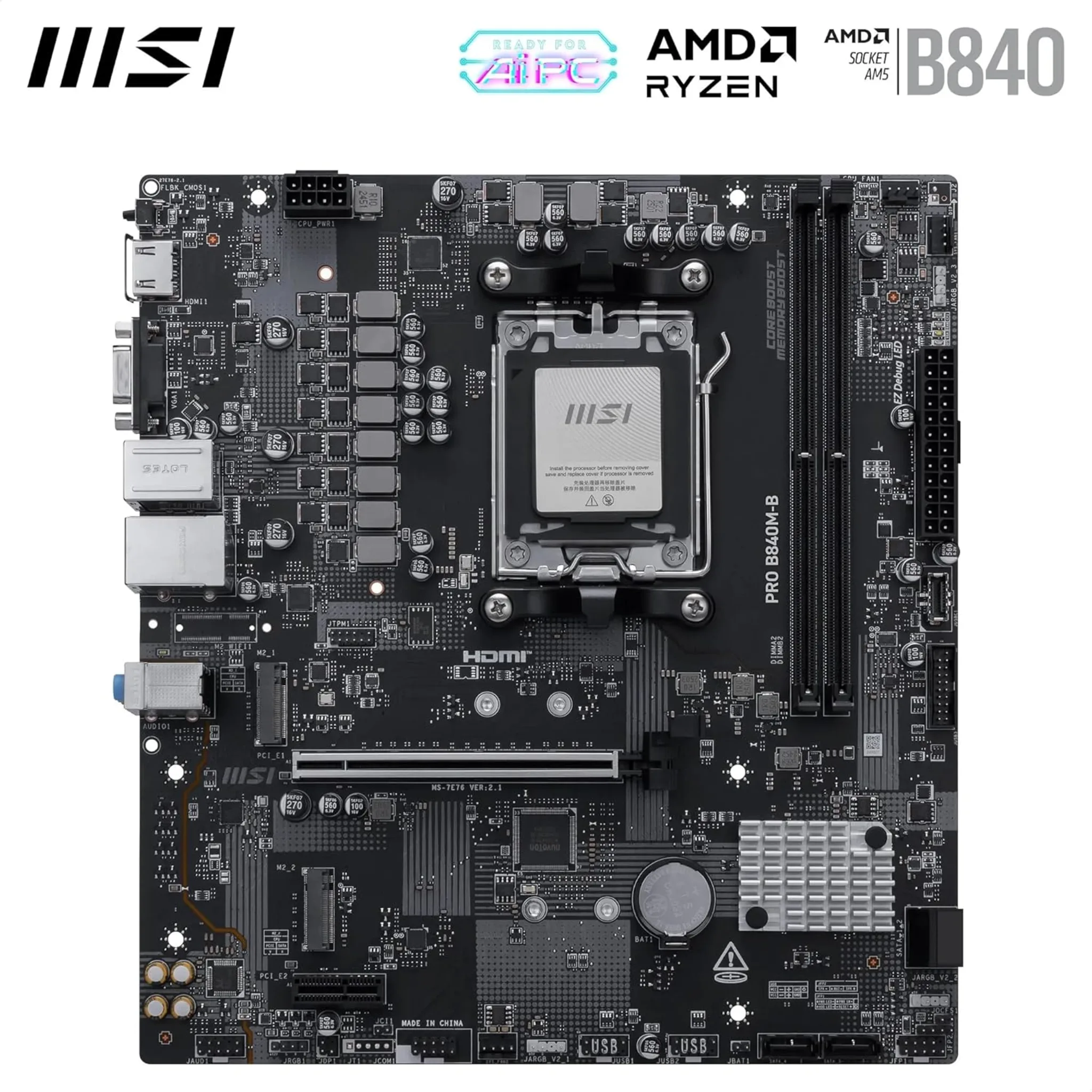 Imagen 1 de Tarjeta Madre MSI PRO B840M-B Socket AM5 2*DDR5 HDMI PCIe 2*M2 2.5G LAN mATX