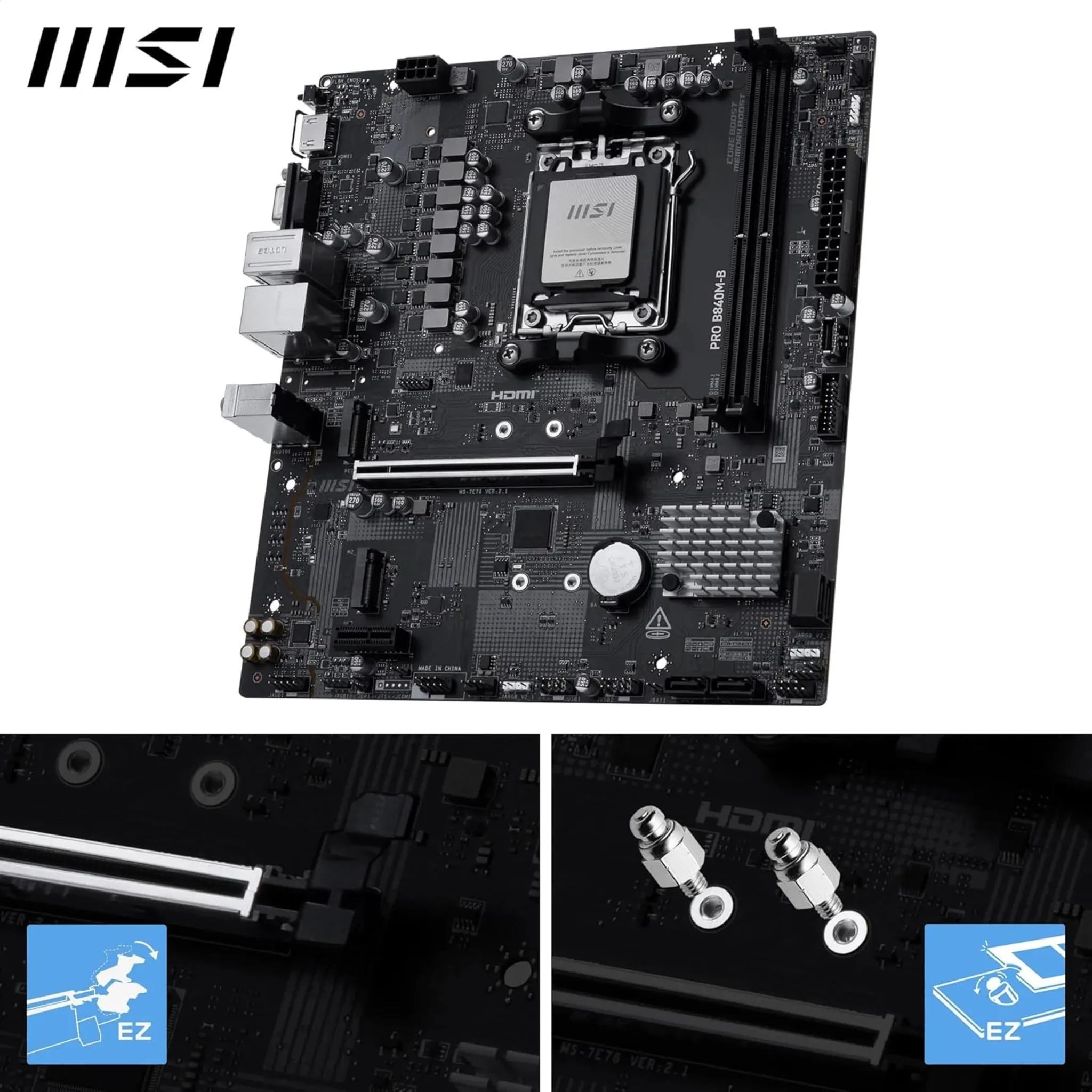 Imagen 2 de Tarjeta Madre MSI PRO B840M-B Socket AM5 2*DDR5 HDMI PCIe 2*M2 2.5G LAN mATX
