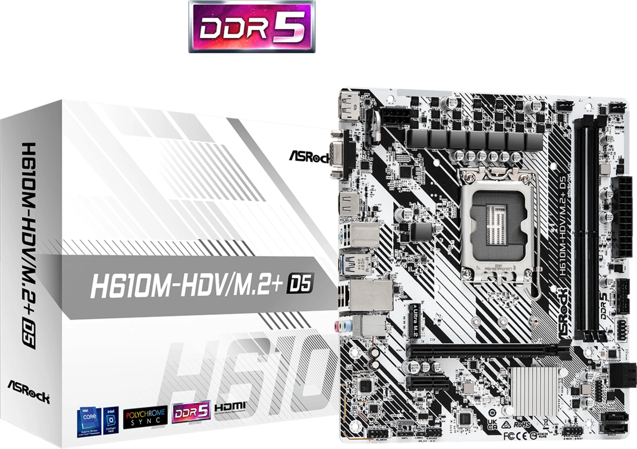 Imagen 0 de Tarjeta Madre ASRock H610M-HDV/M.2+ D5 LGA1700 2*DDR5 M.2 DP HDMI VGA mATX