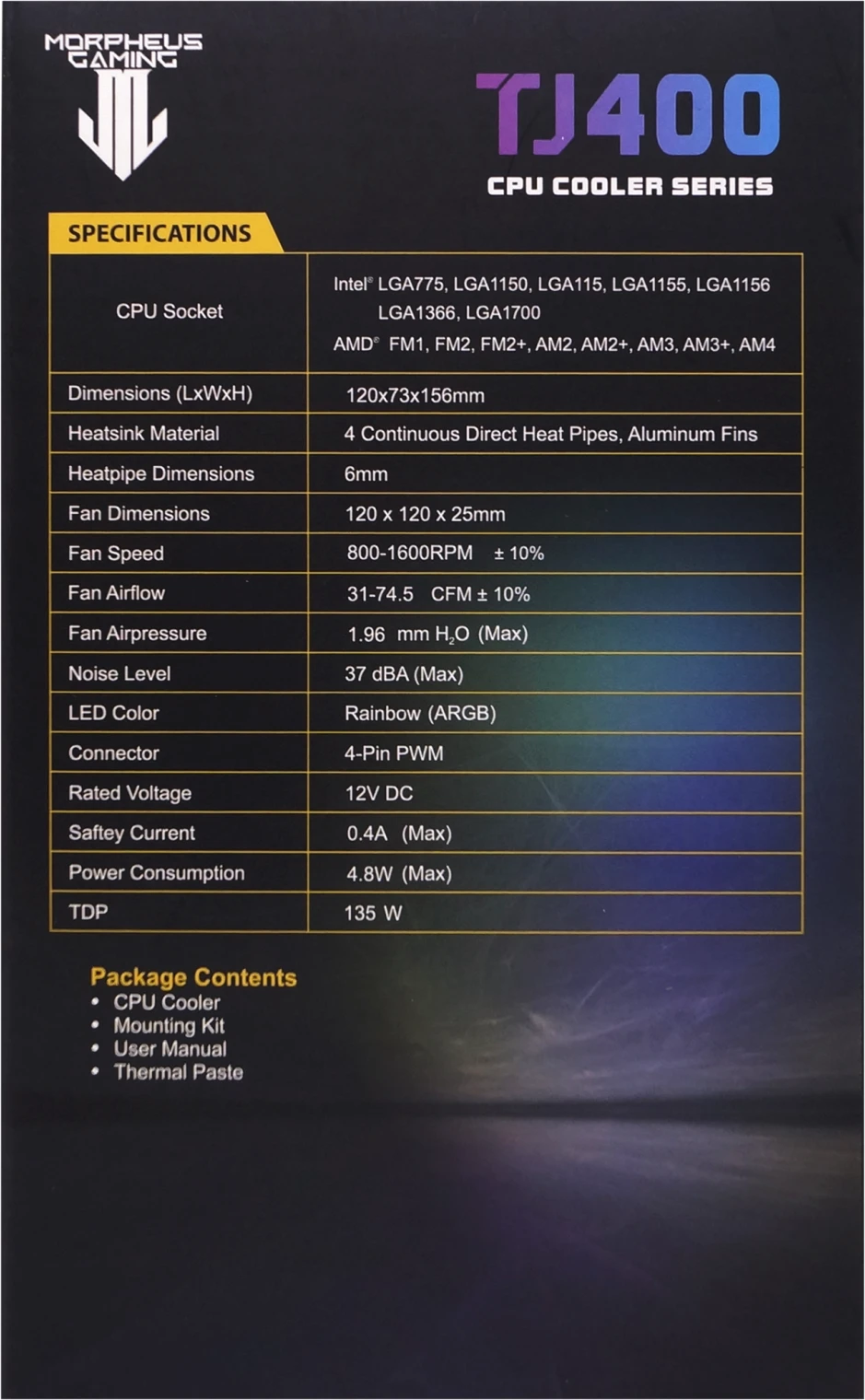 Imagen 7 de VENTILADOR CPU S/ 1700/ 1200/ 11151/ AM4 TJ400 RGB/ HEAD RGB MORPHEUS