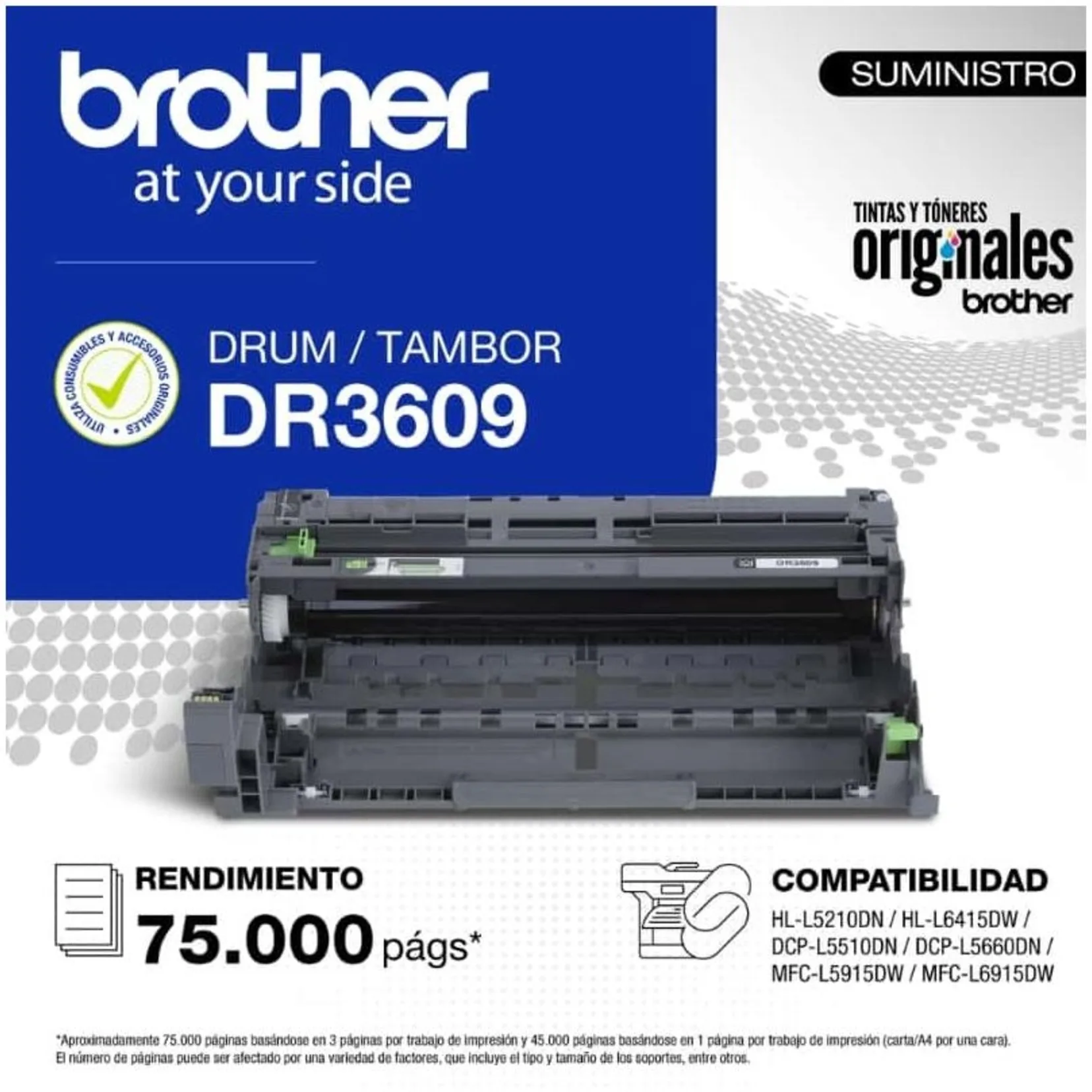 Imagen 0 de Tambor de Imagen Brother DR-3639 DR3609 Rendimiento hasta 75.000 pag Láser
