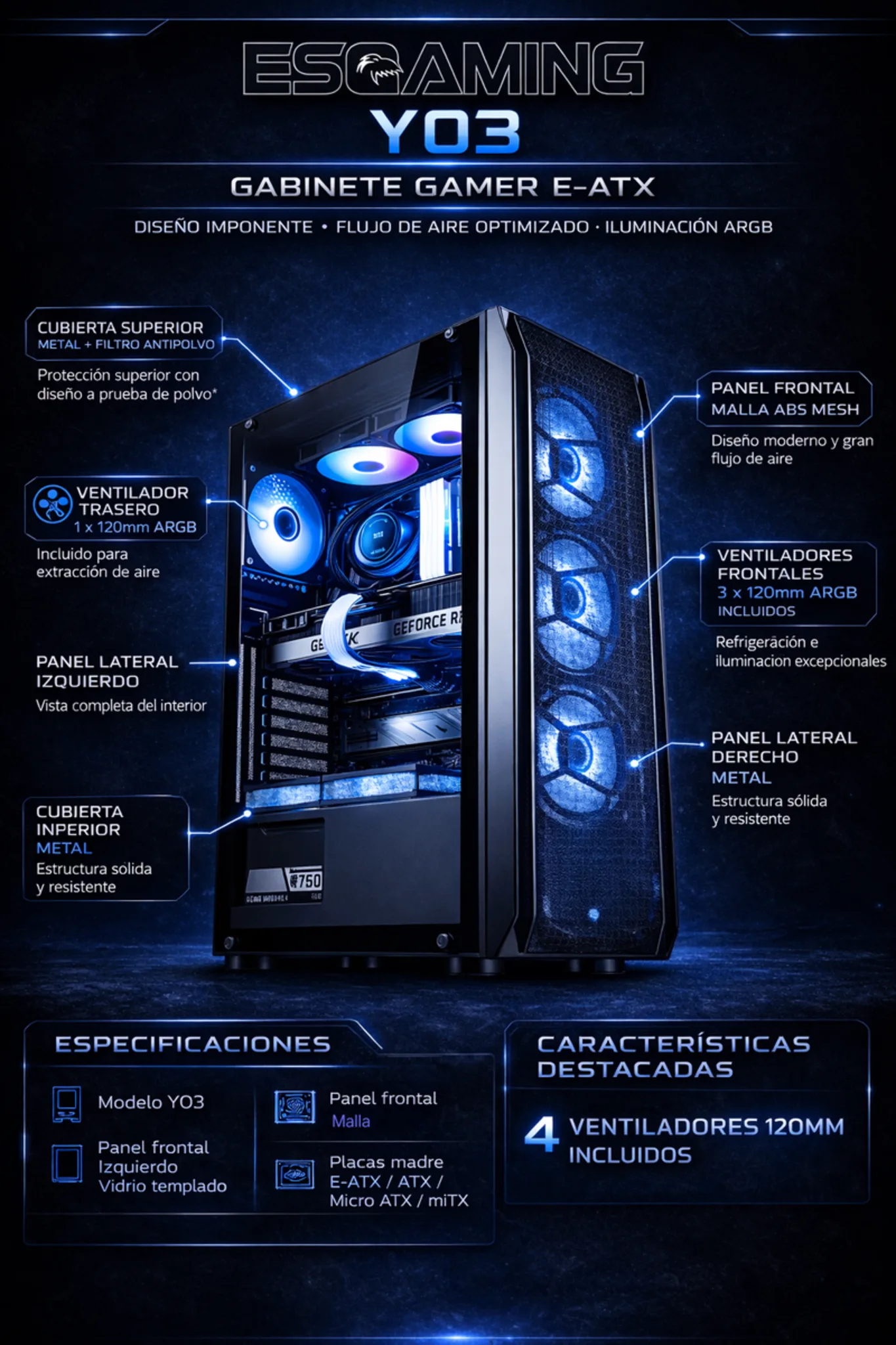 Imagen 1 de Gabinete Gamer EsGaming Y03, MediaTorre 2*USB2.0 USB3.0 4*FAN ARGB V.Temp. Negro