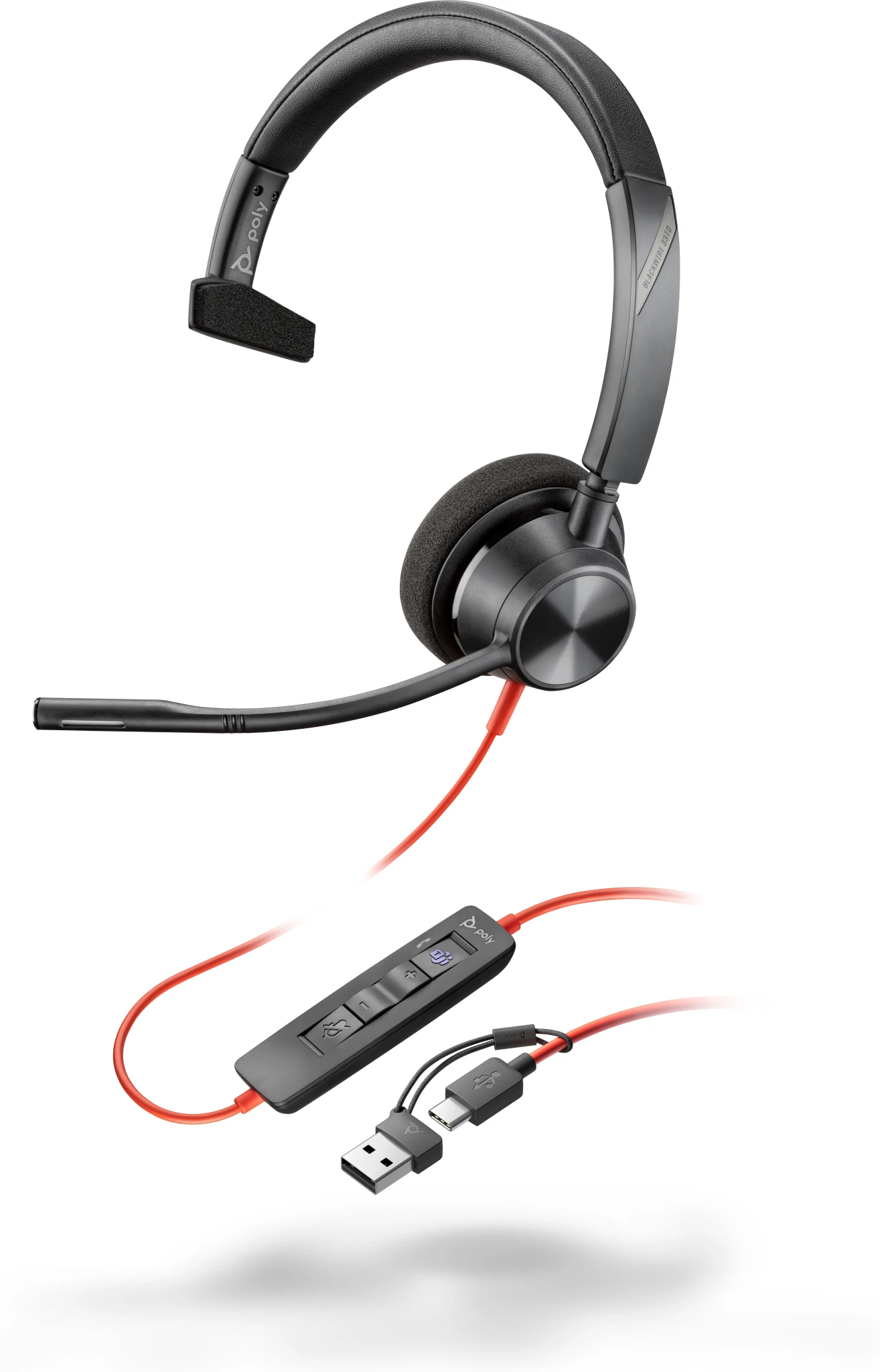 Imagen 3 de Audífonos Monaural Poly Blackwire 3310, Microsoft Teams Certif. c/adap.USB-C/A