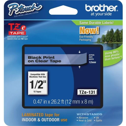 Cinta Laminada Brother TZE-131 Texto Negro sobre fondo Transparente 12mm 8mt