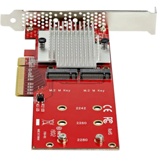 Imagen 3 de StarTech.com Adaptador PCI Express x8 para Dos SSD M.2 - PCI-E 3.0 - Tarjeta Adaptadora PCI-E para SSD M.2 NVMe AHCI - (PEX8M2E2) - Adaptador de interfaz - M.2 - Expansion Slot to M.2 - M.2 Card perfil bajo - PCIe 3.0 x8 - rojo - Conforme a la TAA