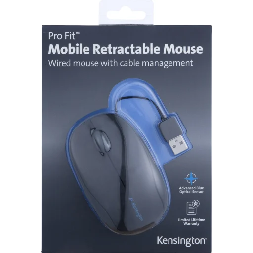 Mouse Alámbrico Kensington Pro Fit Cable Retractil Óptico 2 botones USB Negro